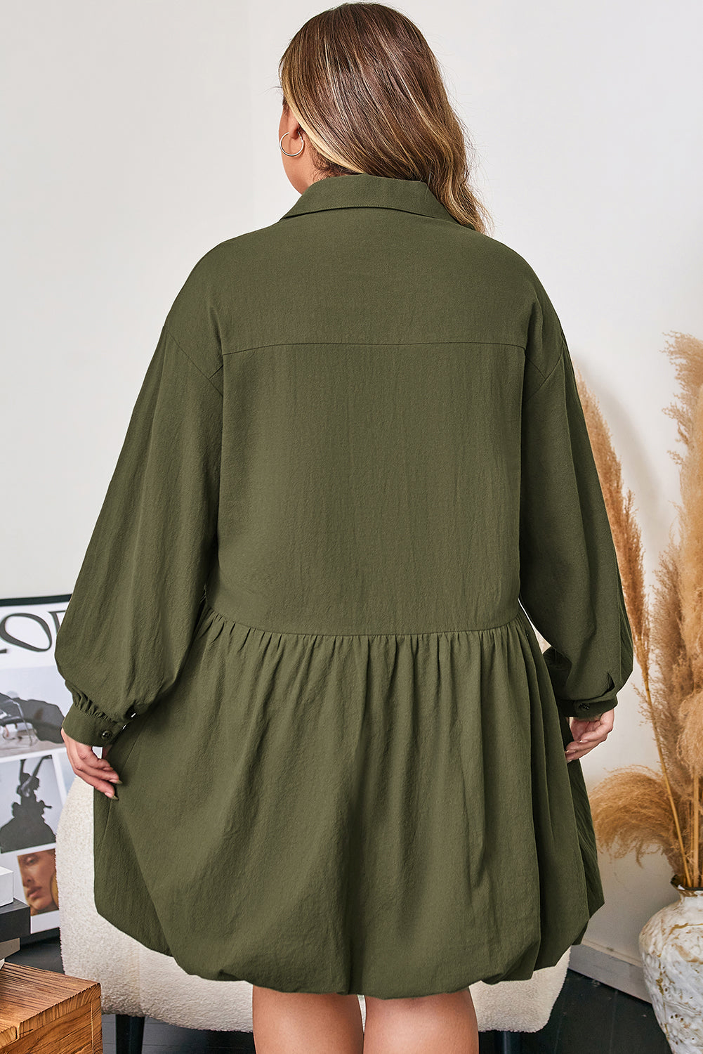 Four Leaf Clover Plus Size Collar Half Button Long Sleeve Ruffle Hem Mini Dress