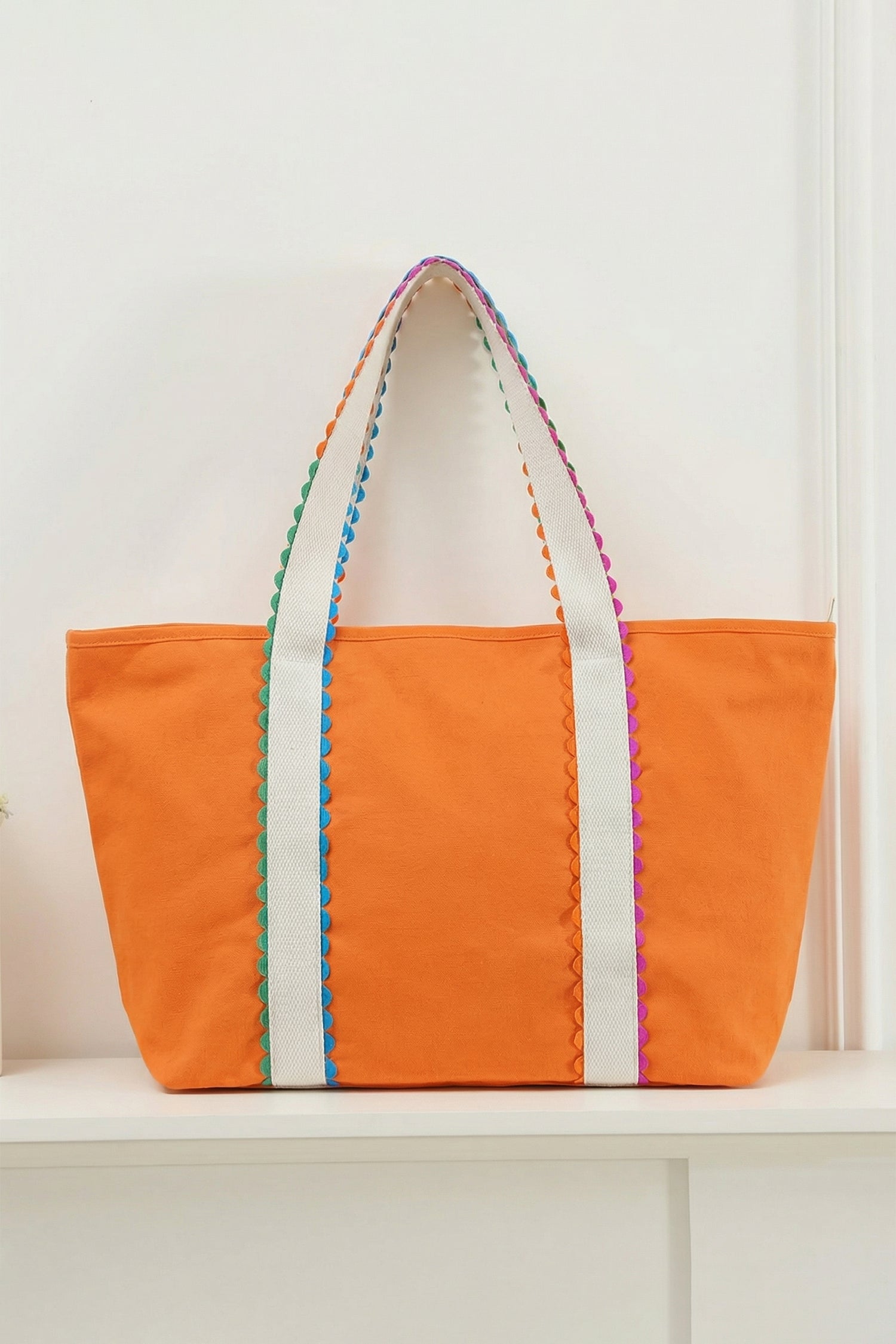White Colorful Ricrac Detail Canvas Tote Bag