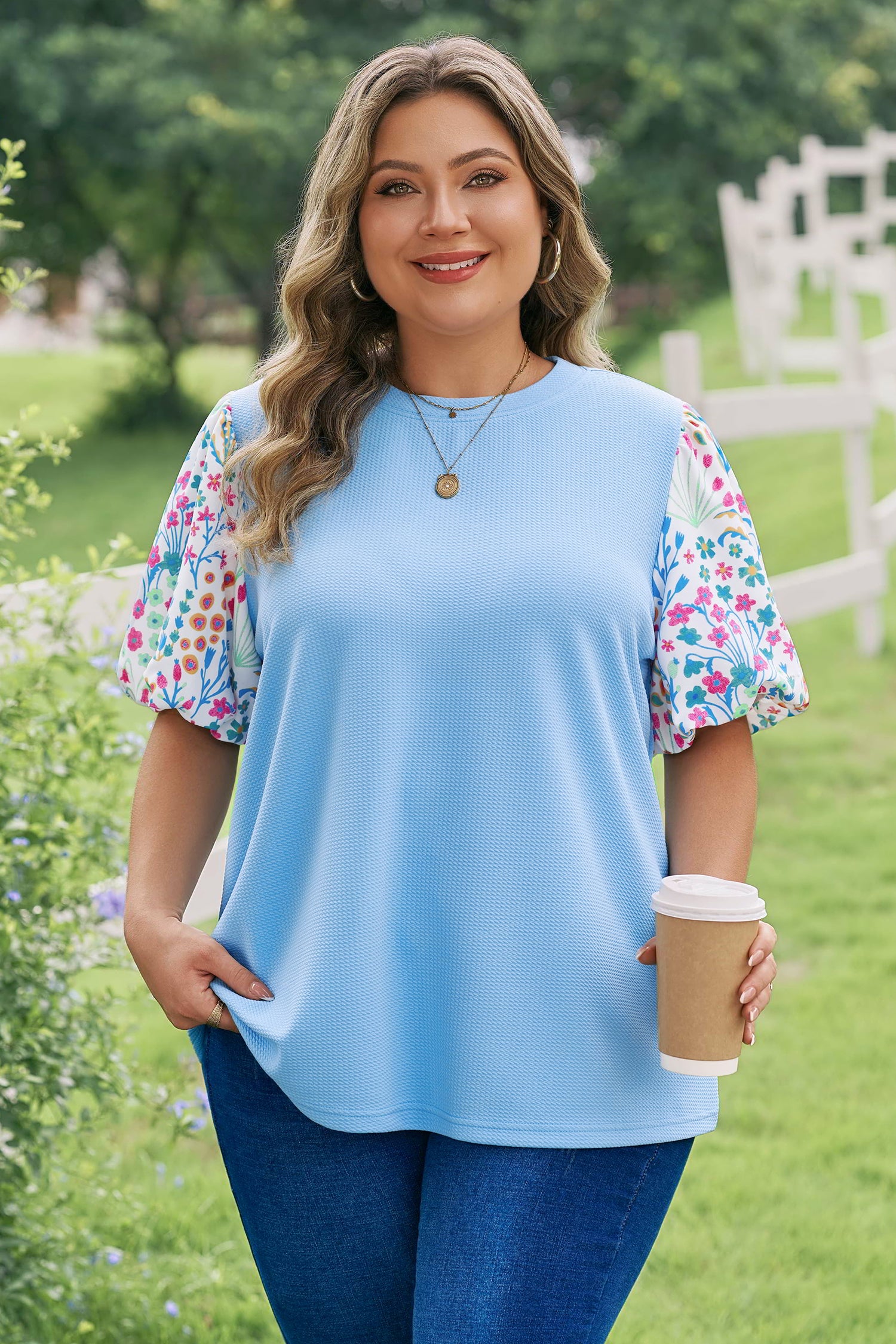 Light Blue Textured Bodice Contrast Floral Sleeve Plus Size Top
