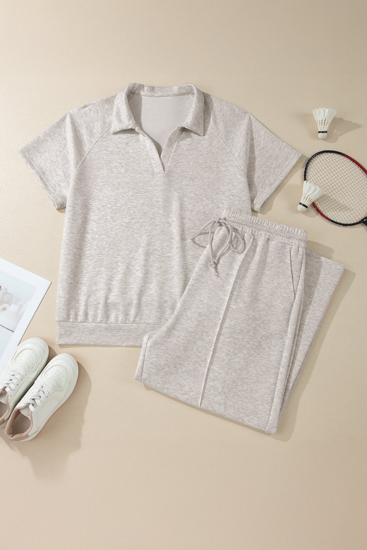 Light Grey Plus Size V Neck Polo Tee Drawstring Loose Pants 2pcs Set