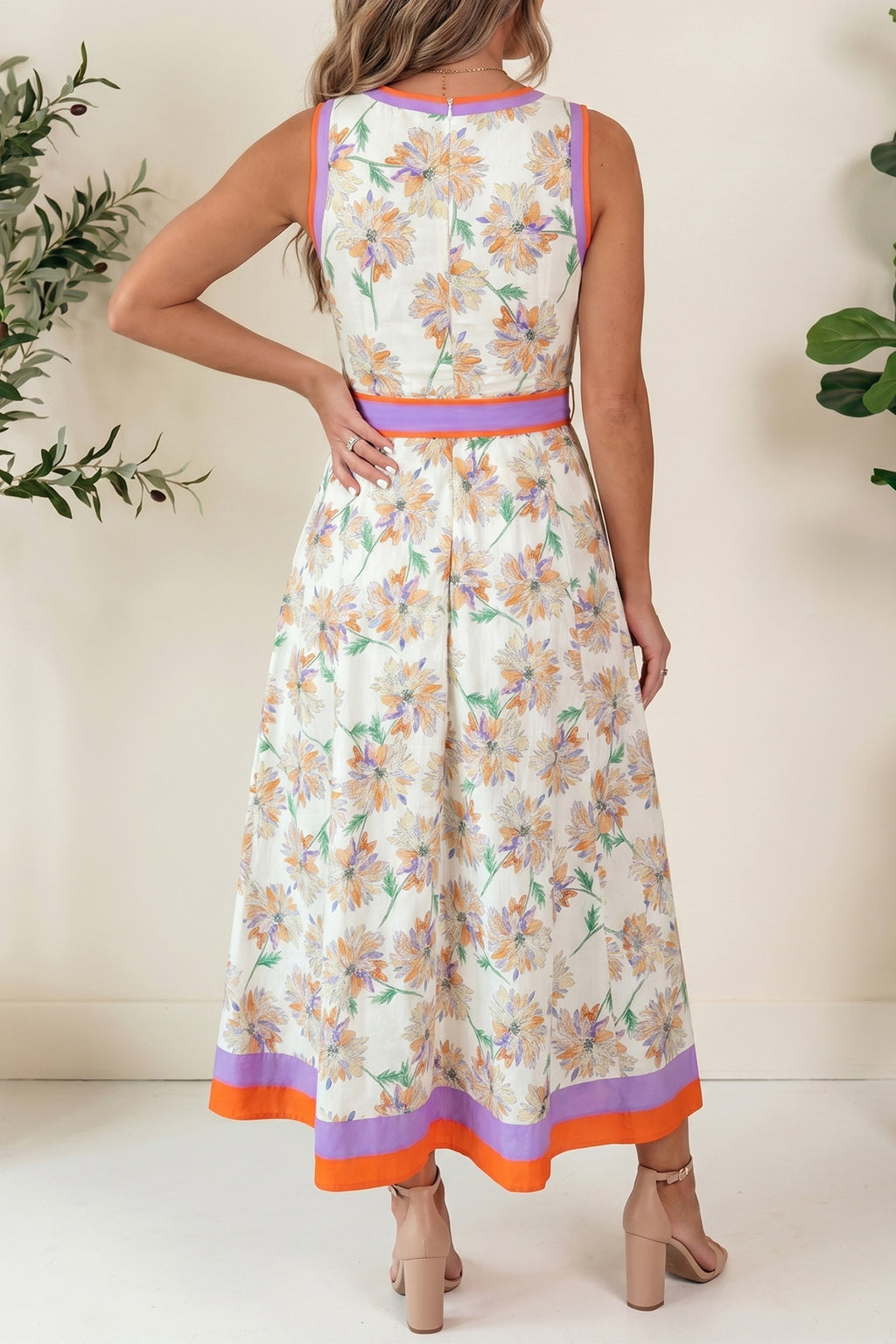 White Floral Print Color Block Trim Belted Sleeveless Maxi Dress