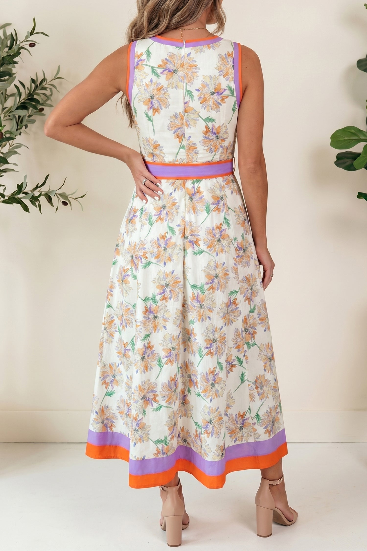 White Floral Print Color Block Trim Belted Sleeveless Maxi Dress