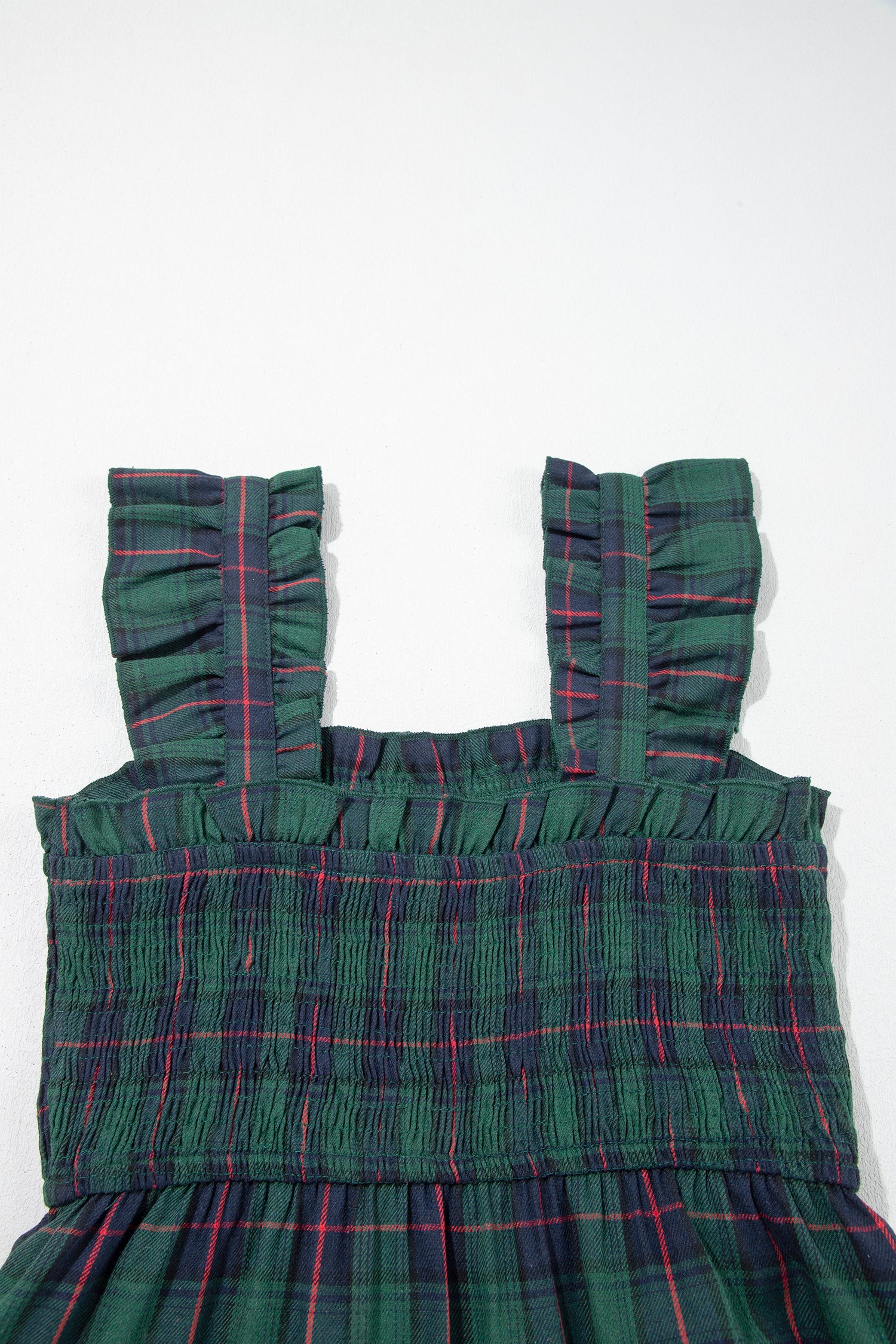 Green Plaid Ruffle Sleeveless Shirred Bodice Tiered Midi Dress