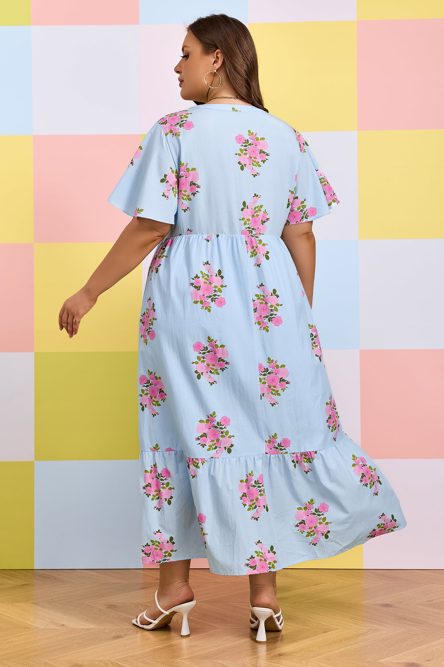 Sky Blue Plus Size Floral Print Scalloped Trim V-Neck Dress