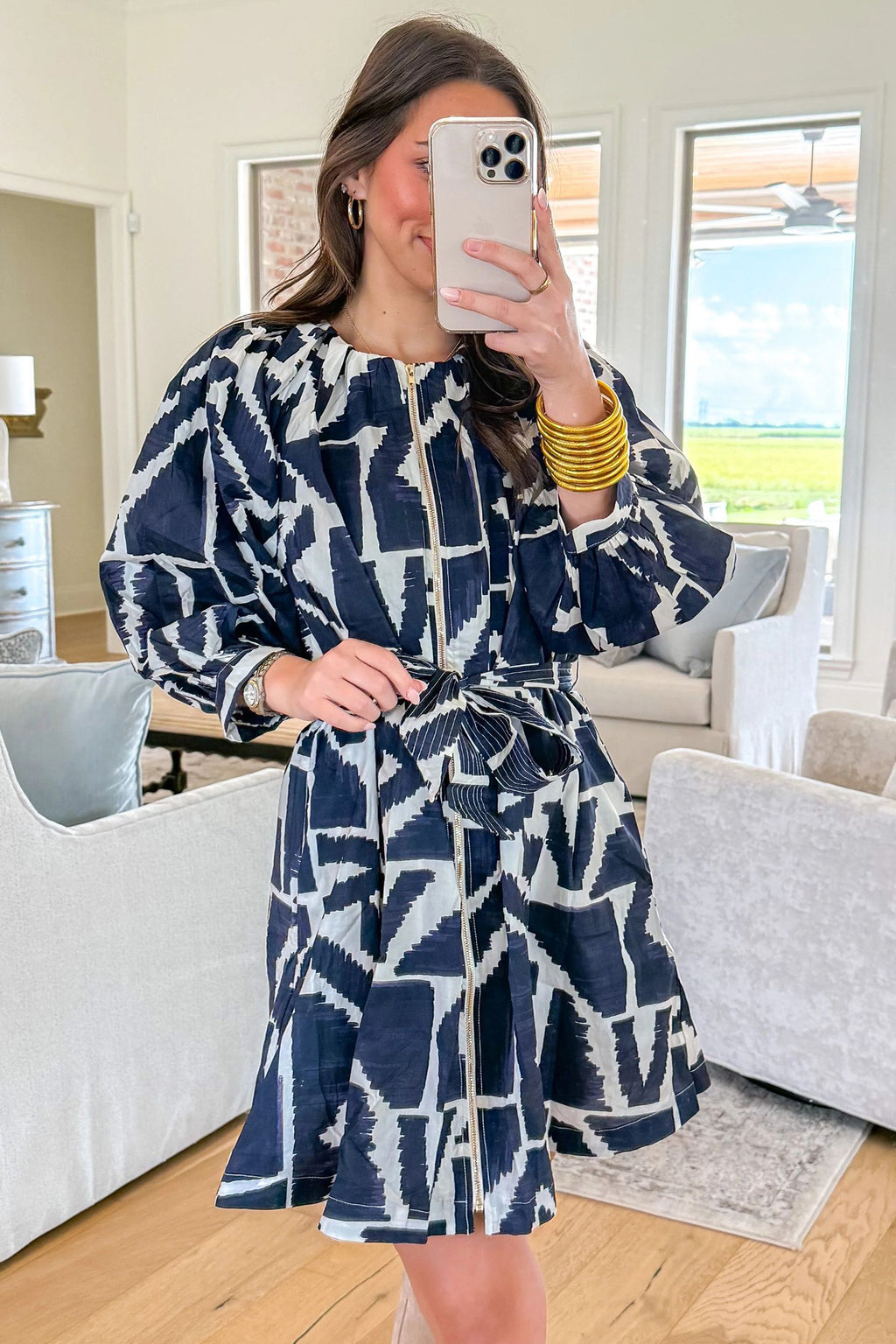 Blue Abstract Geometric Print Zip Front Tie Waist Shift Dress