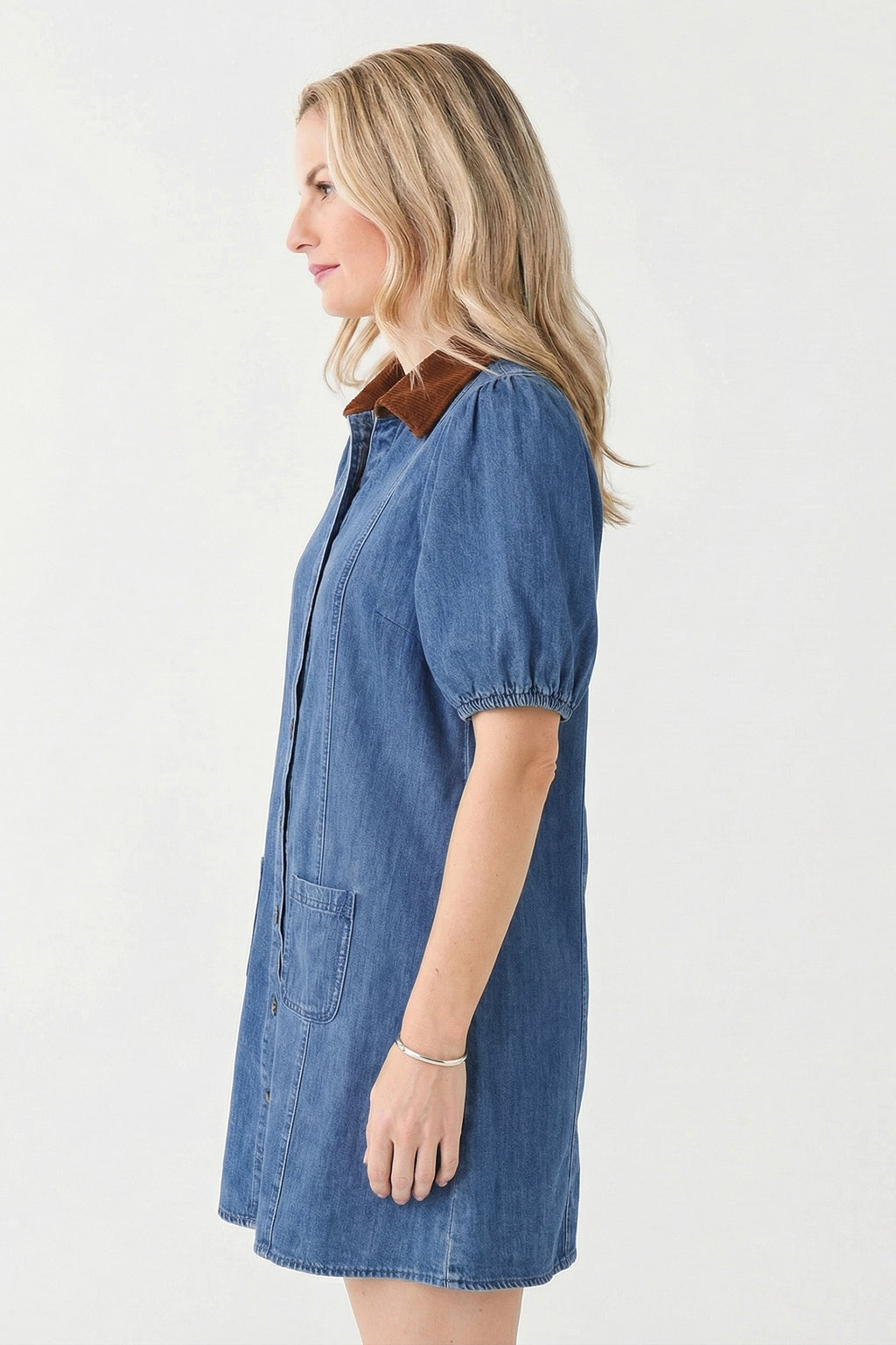 Blue Denim Short Puff Sleeve Color Block Shirt Collar Patchwork Mini Dress