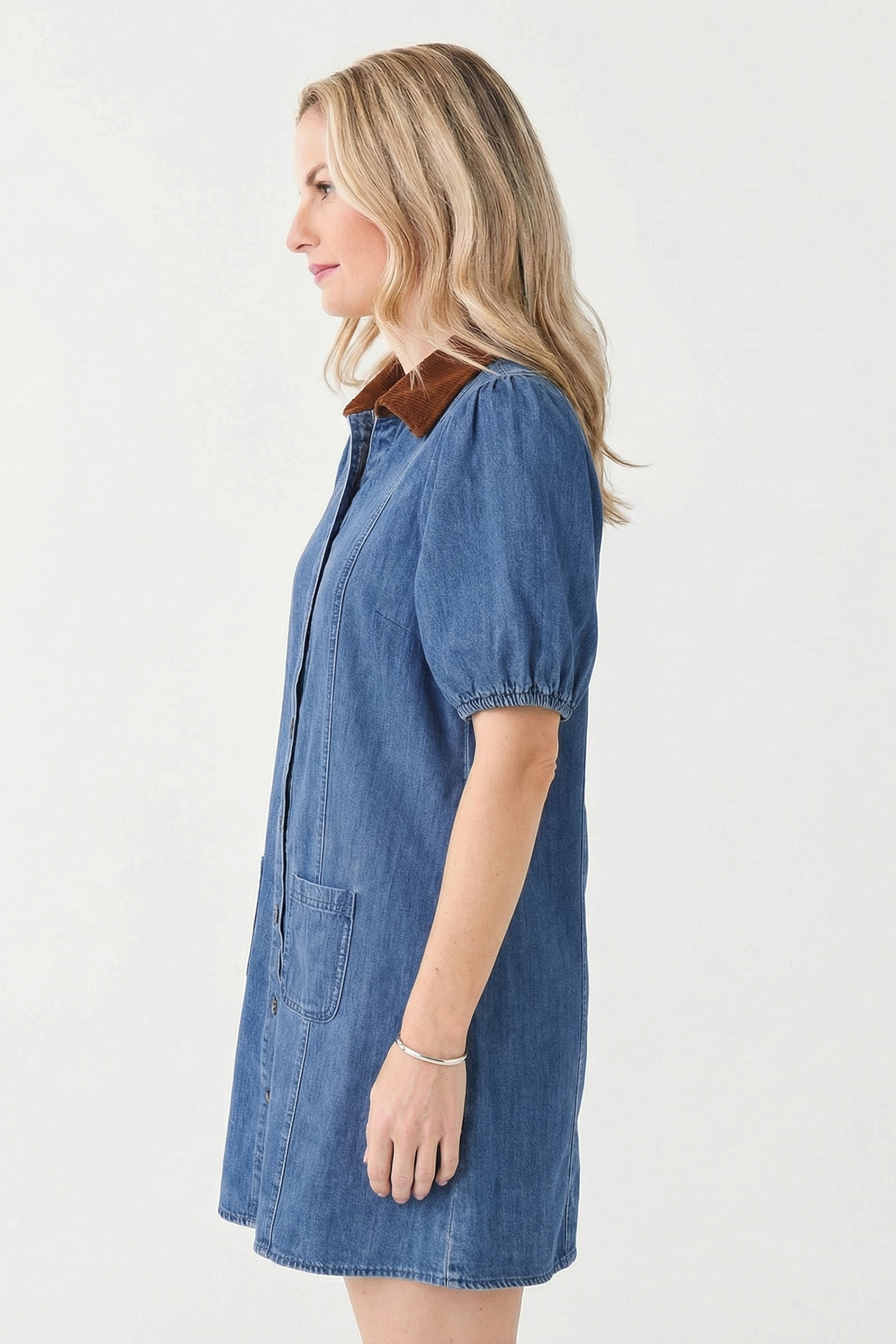Blue Denim Short Puff Sleeve Color Block Shirt Collar Patchwork Mini Dress