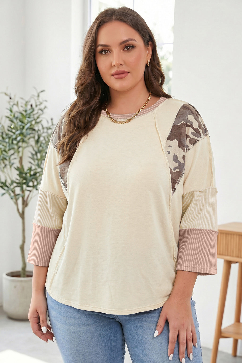 Apricot Camouflage Panel Twist Rib Sleeve Round Neck Loose Fit Plus Size Blouse
