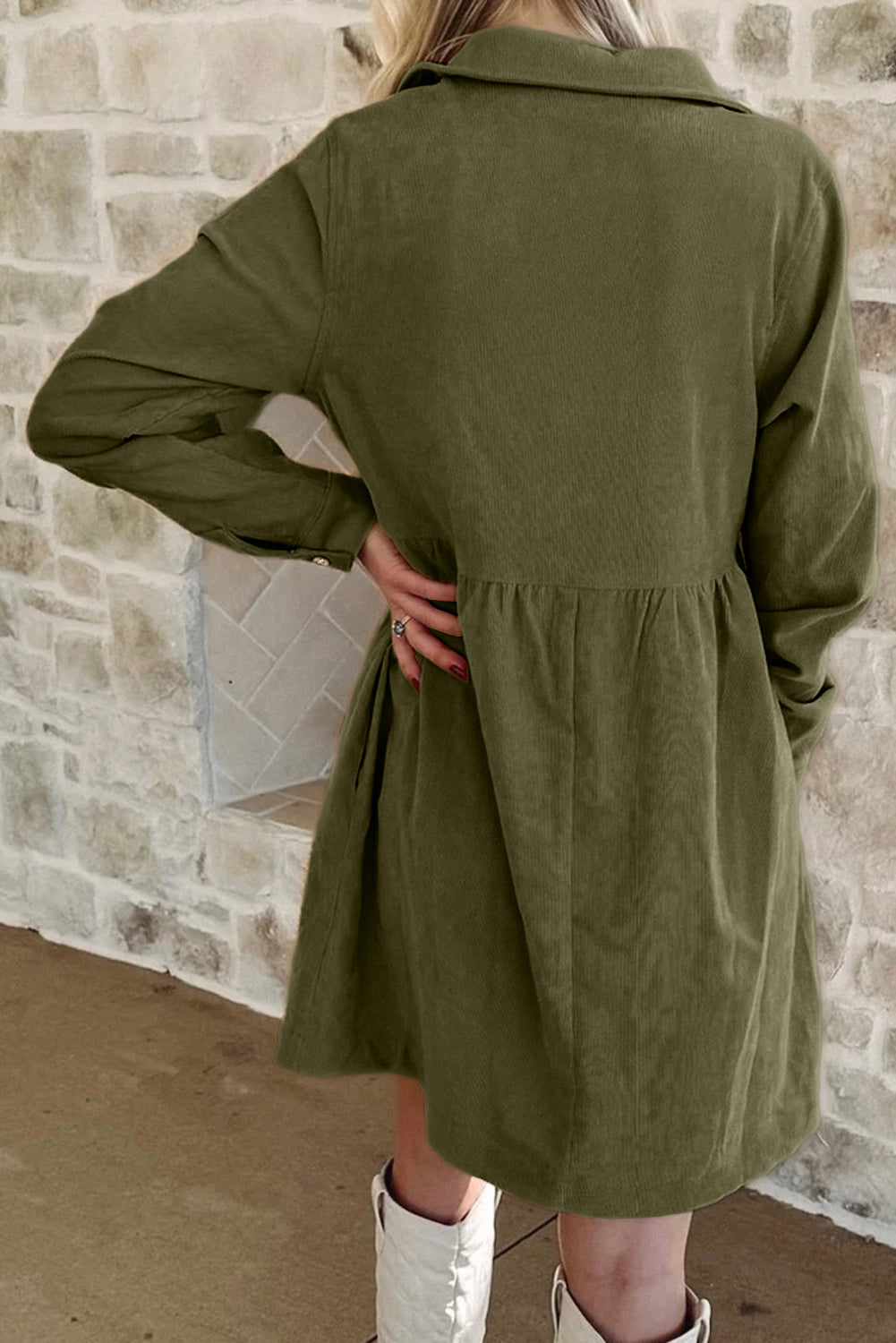 Dearlovers Oatmeal Corduroy Half Button Collared Long Sleeve Mini Dress