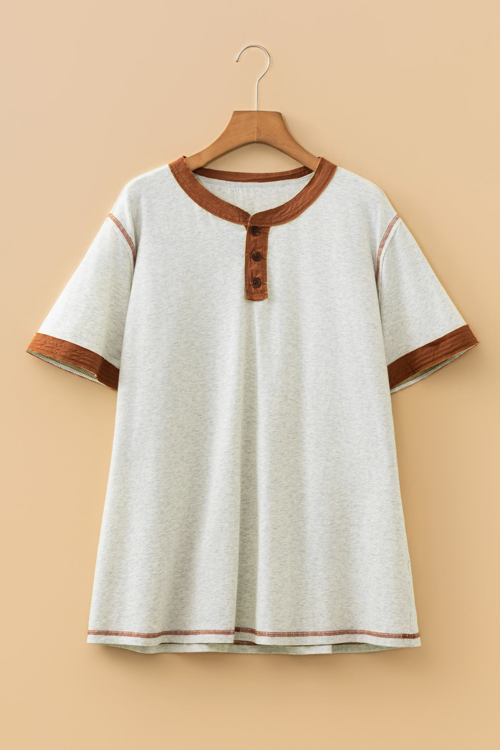 Light Grey Plus Size Distressed Color Block Trim Cotton Henley Tee