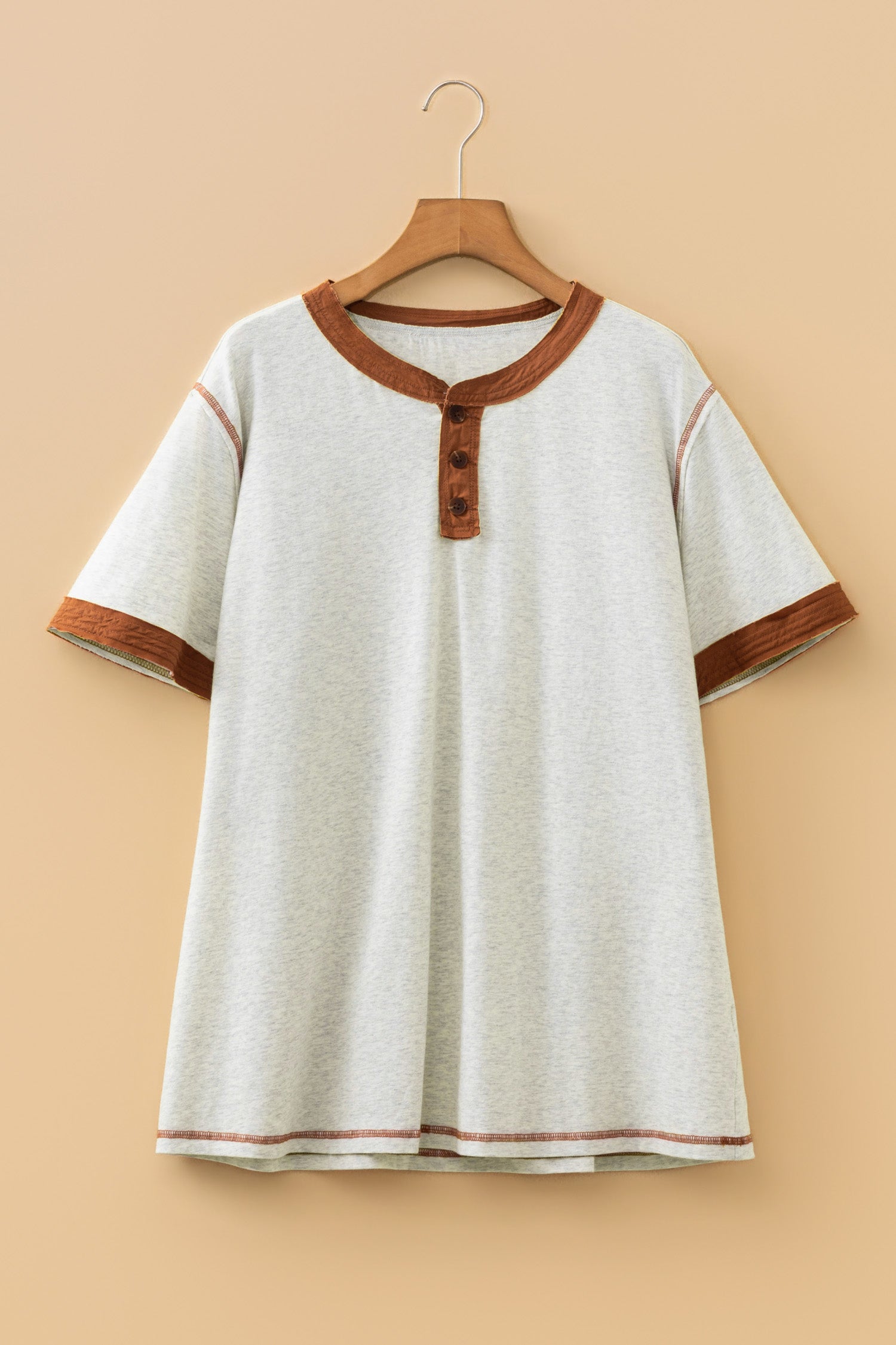 Light Grey Plus Size Distressed Color Block Trim Cotton Henley Tee