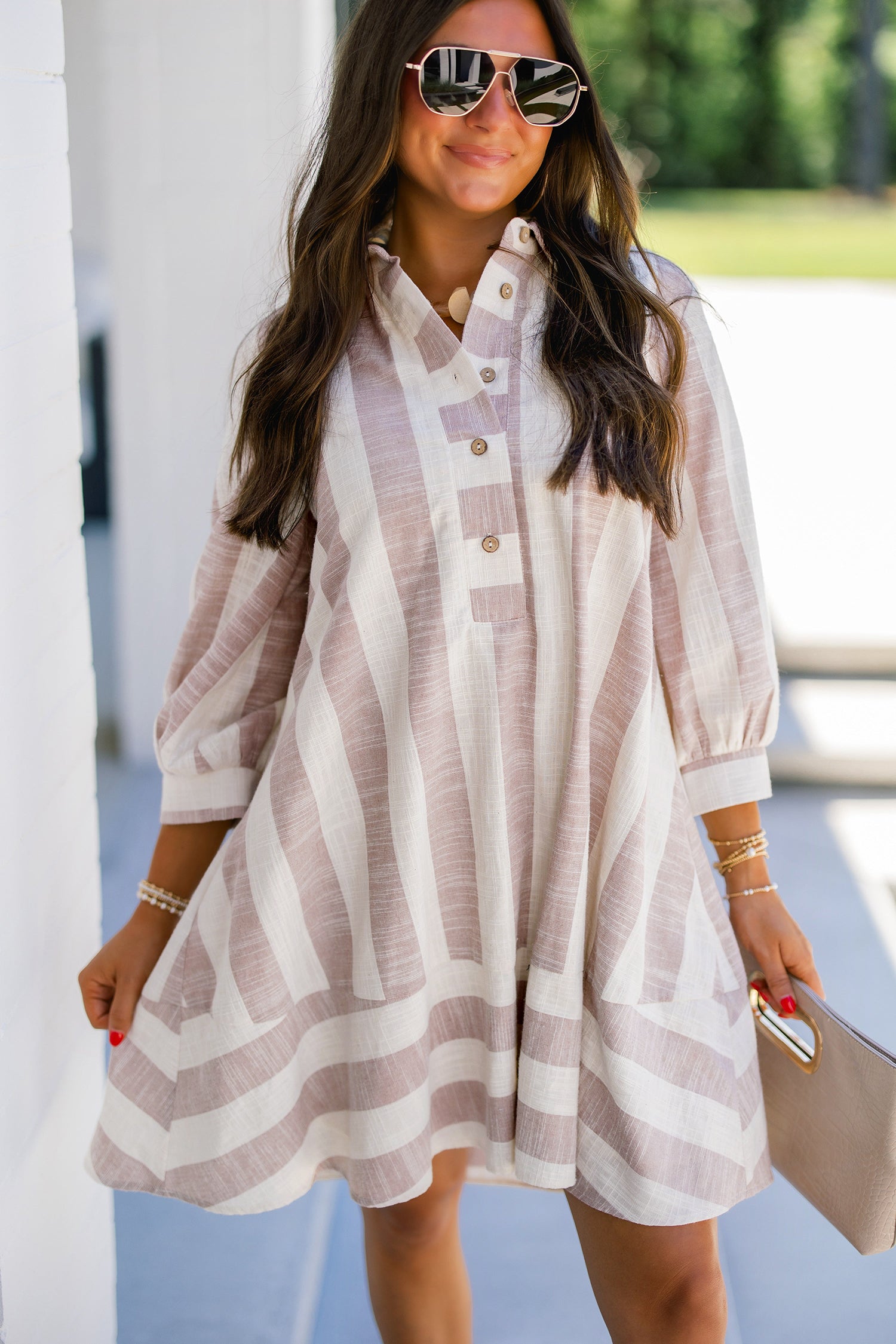 Khaki Stripe Striped Button-Up Three-Quarter Sleeve Short Shift Dress