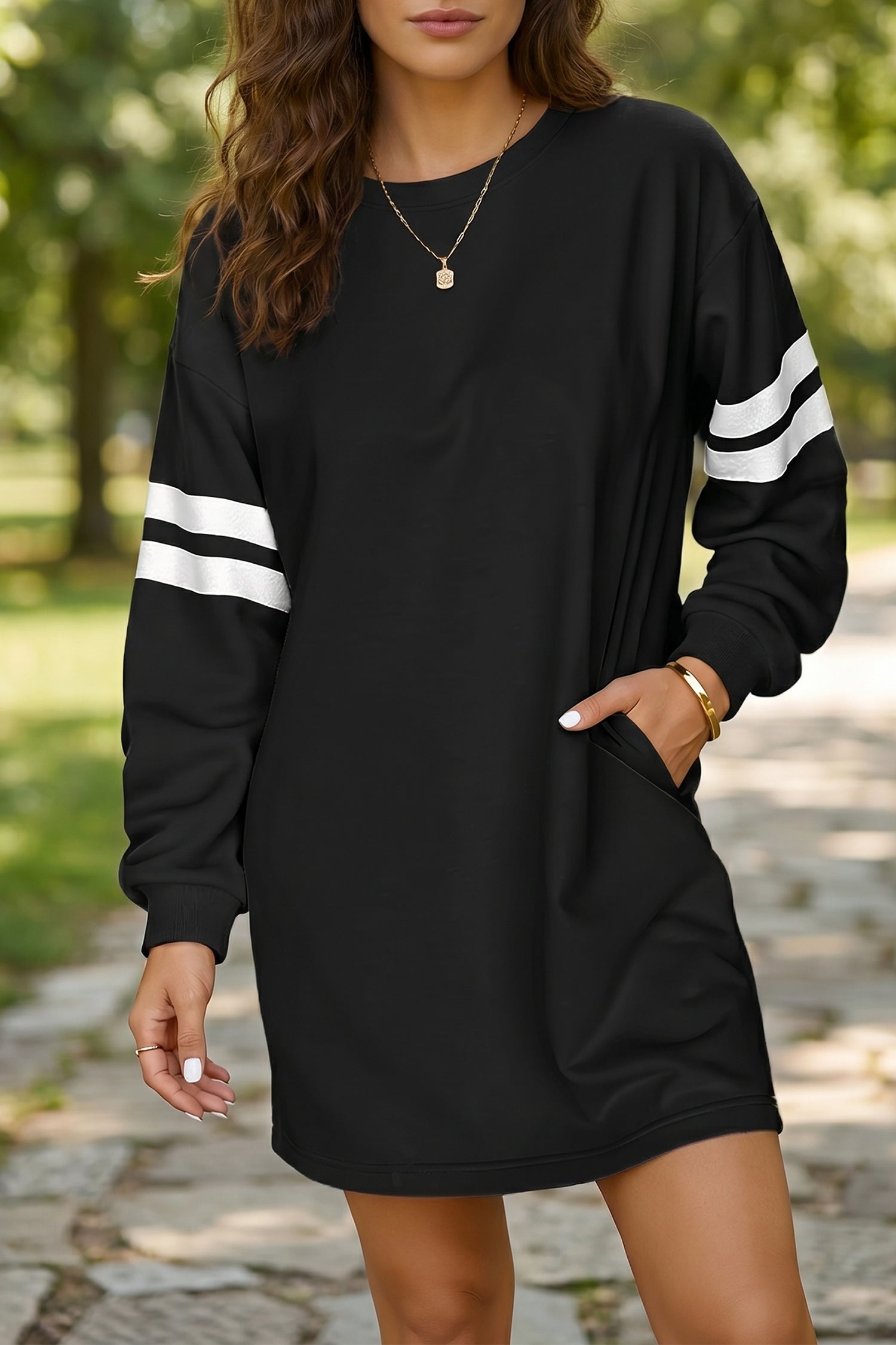 Black Varsity Contrast Banded Sleeve Shift Sweatshirt Dress