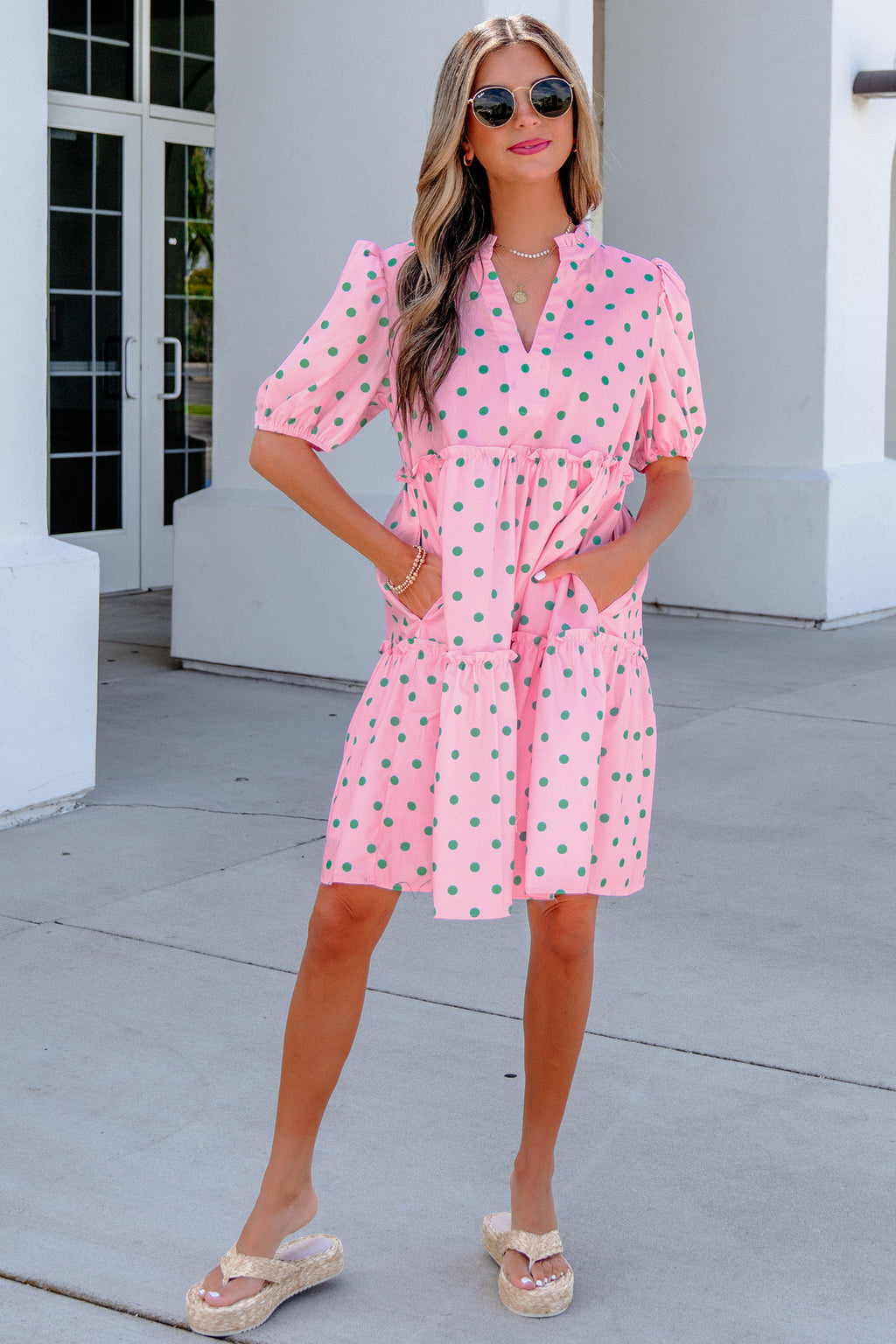 Pink Polka Dot Print V Neck Short Sleeve Tiered Mini Dress