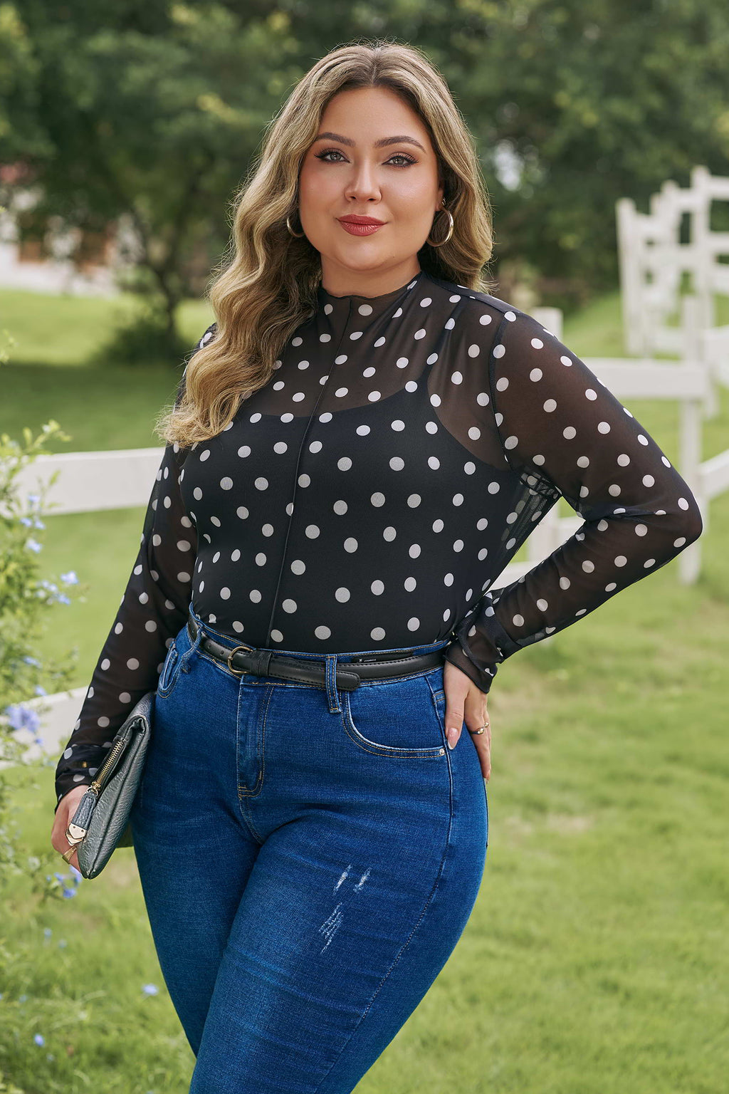 Black Plus Size Mock Neck Polka Dot Long Sleeve Mesh Top