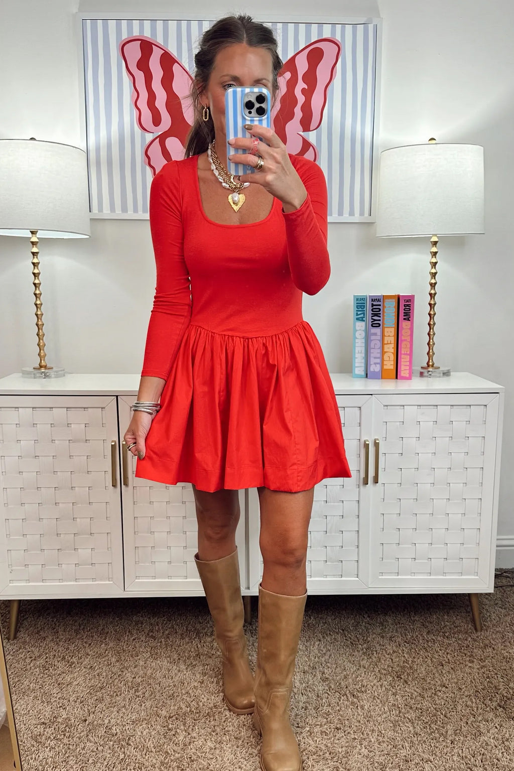 Fiery Red U Neck Long Sleeve Fit and Flare Short Dress