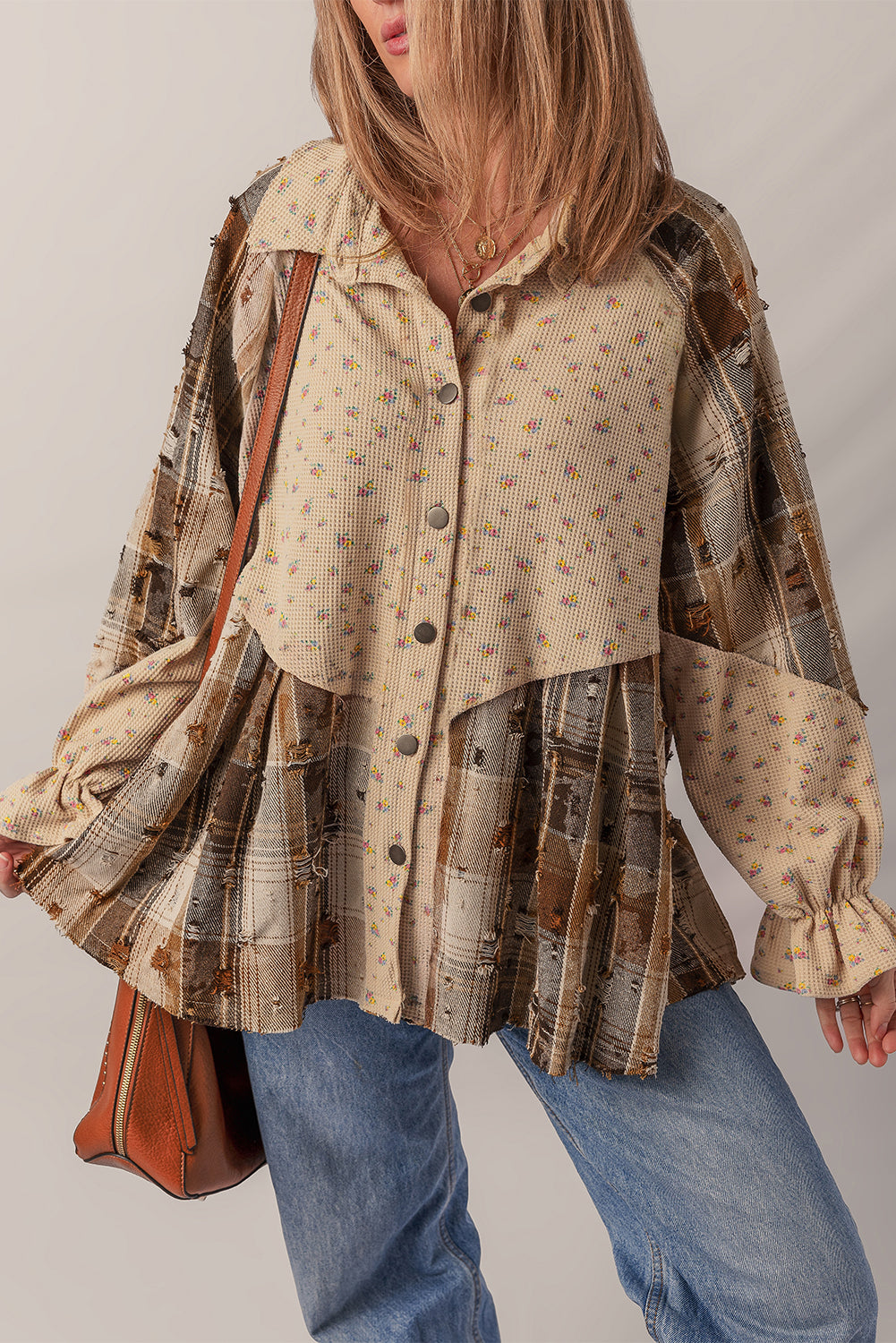 Ashleigh Blue Boho Floral Plaid Patchwork Distressed Detail Ruffled Sleeve Waffle Knit Shacket