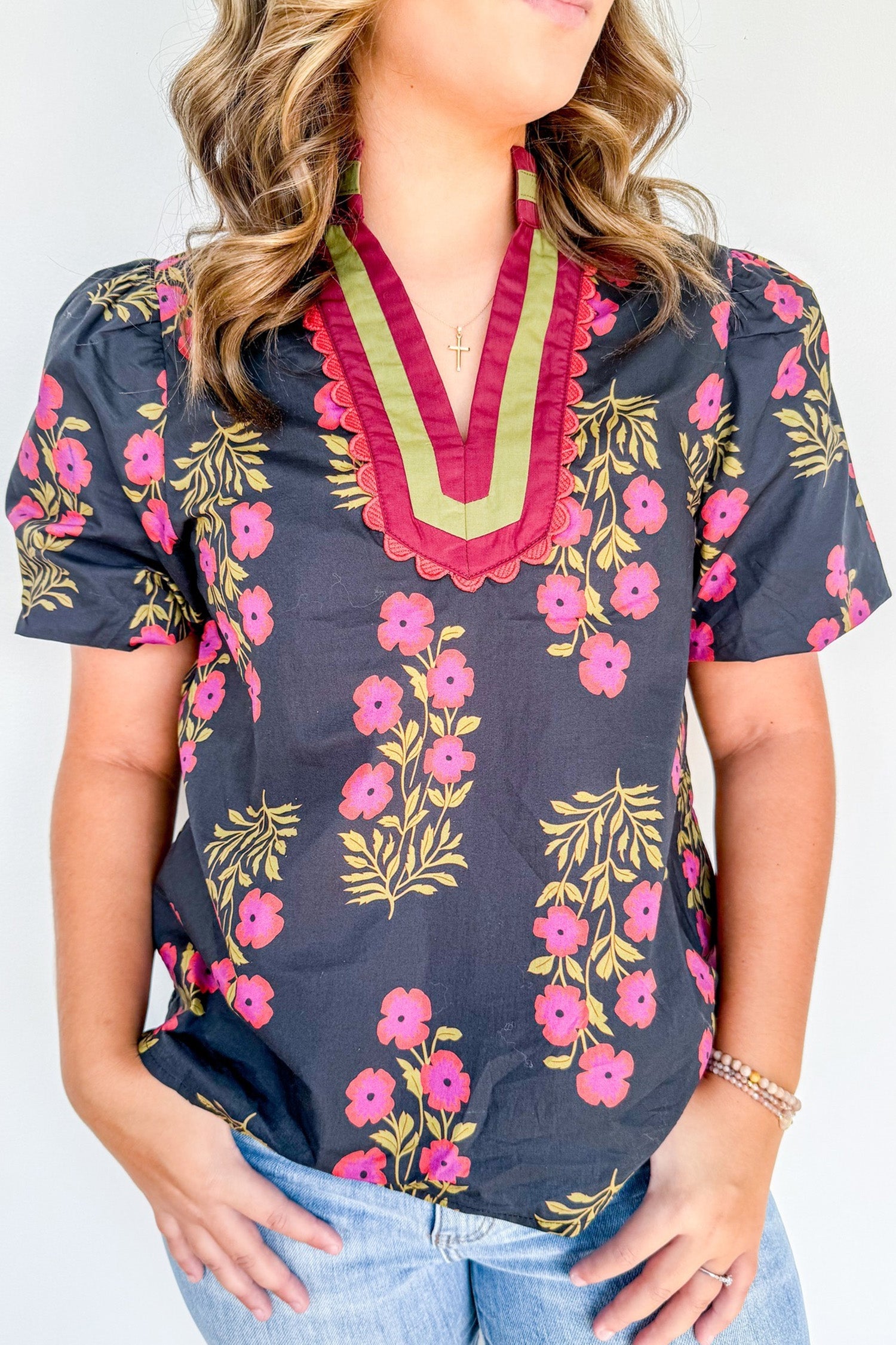 White Plus Size Floral Print Ricrac Striped Trim Short Sleeve Cotton Blouse