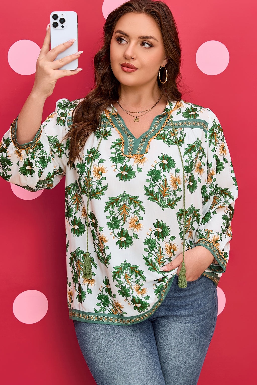 Green Plus Size Floral Printed Contrast Patchwork Detail Tassel Tie 3/4 Sleeve Blouse