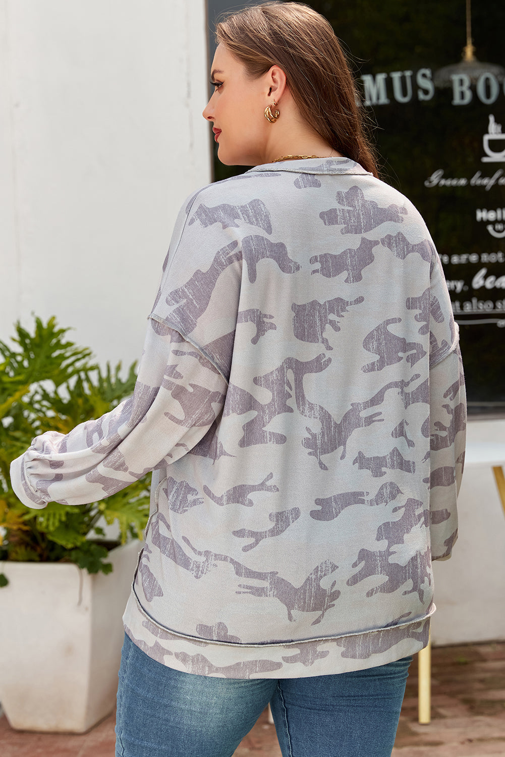 Multicolour Camouflage Print  Round Neck Plus Size Sweatshirt