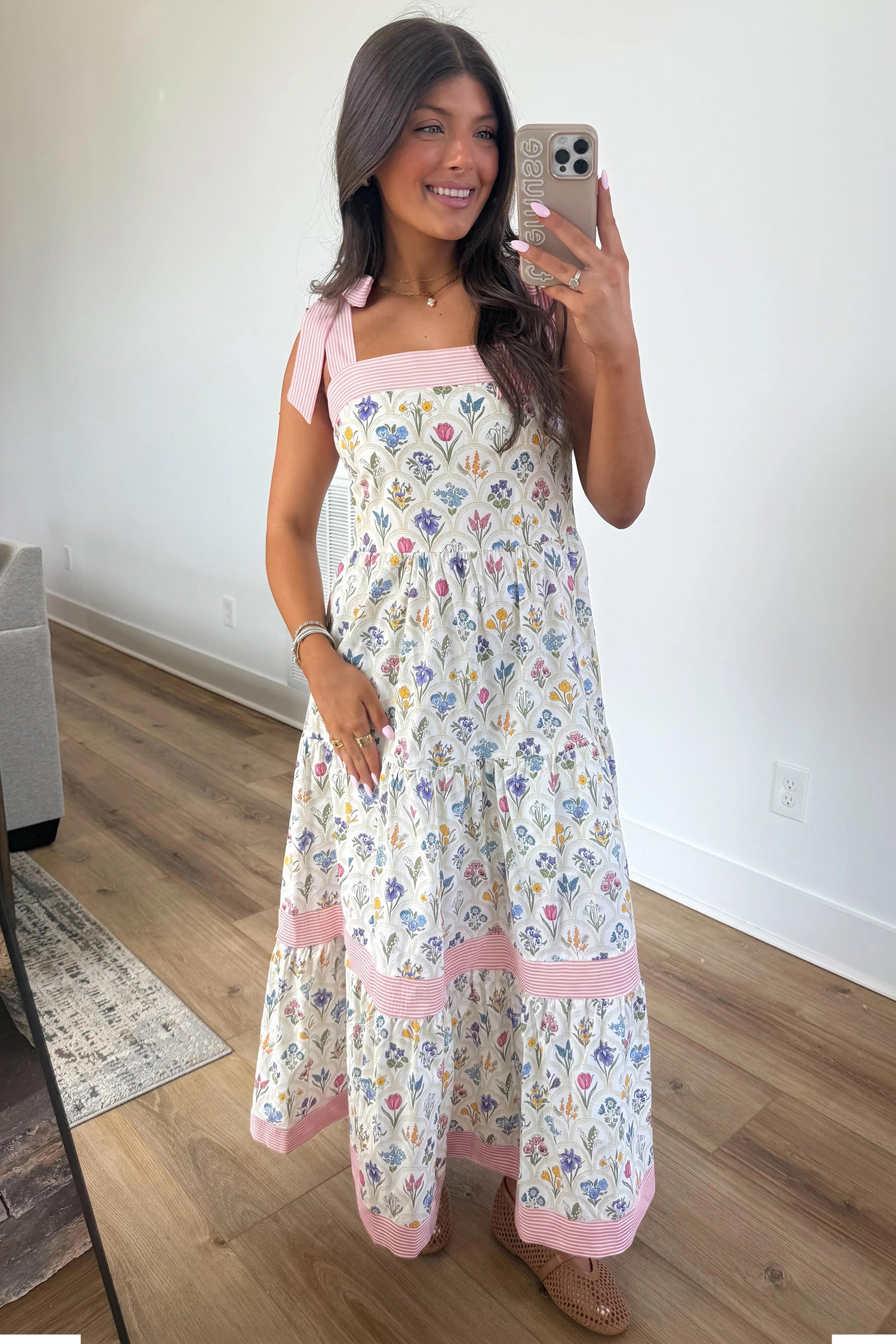 Multicolour Floral Print Striped Detail Knot Straps Maxi Dress