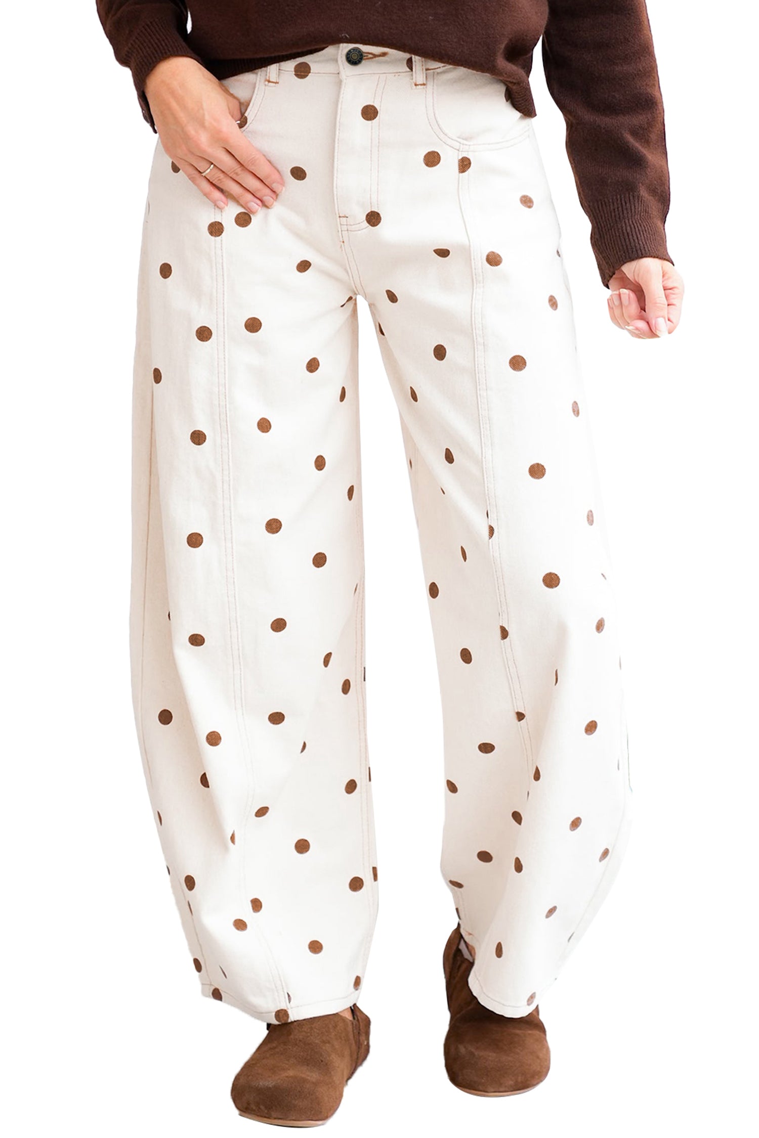 Beige Polka Dot Print Plus Size Barrel Jeans