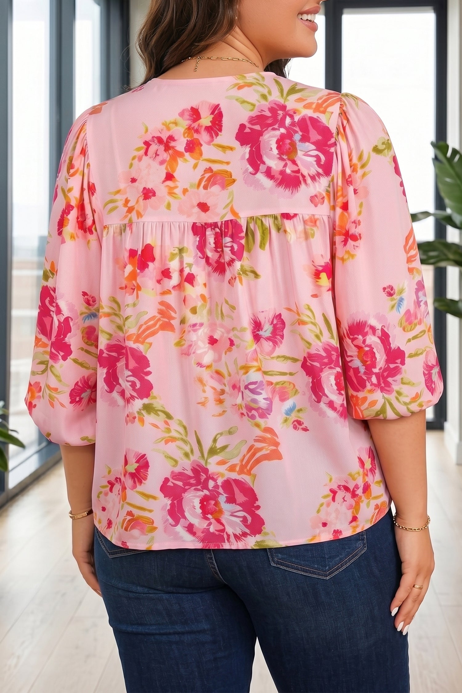 Pink Plus Size Floral Print V Neck Tie Front Short Sleeve Tunic Top