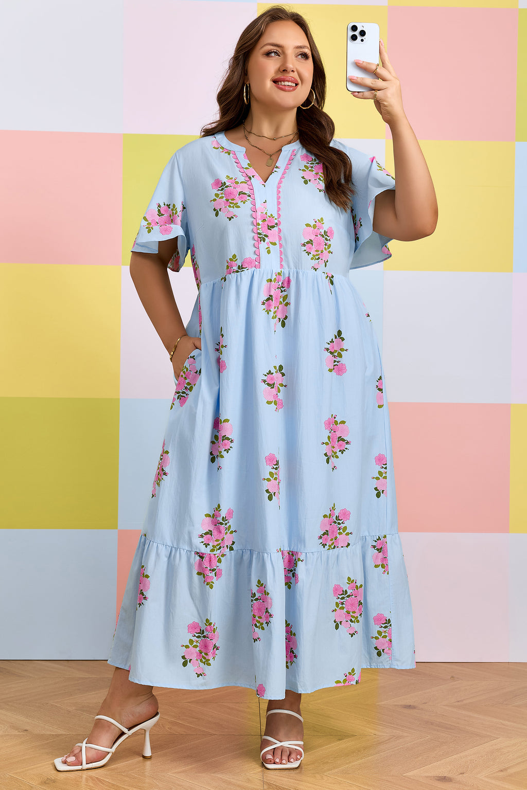 Sky Blue Plus Size Floral Print Scalloped Trim V-Neck Dress