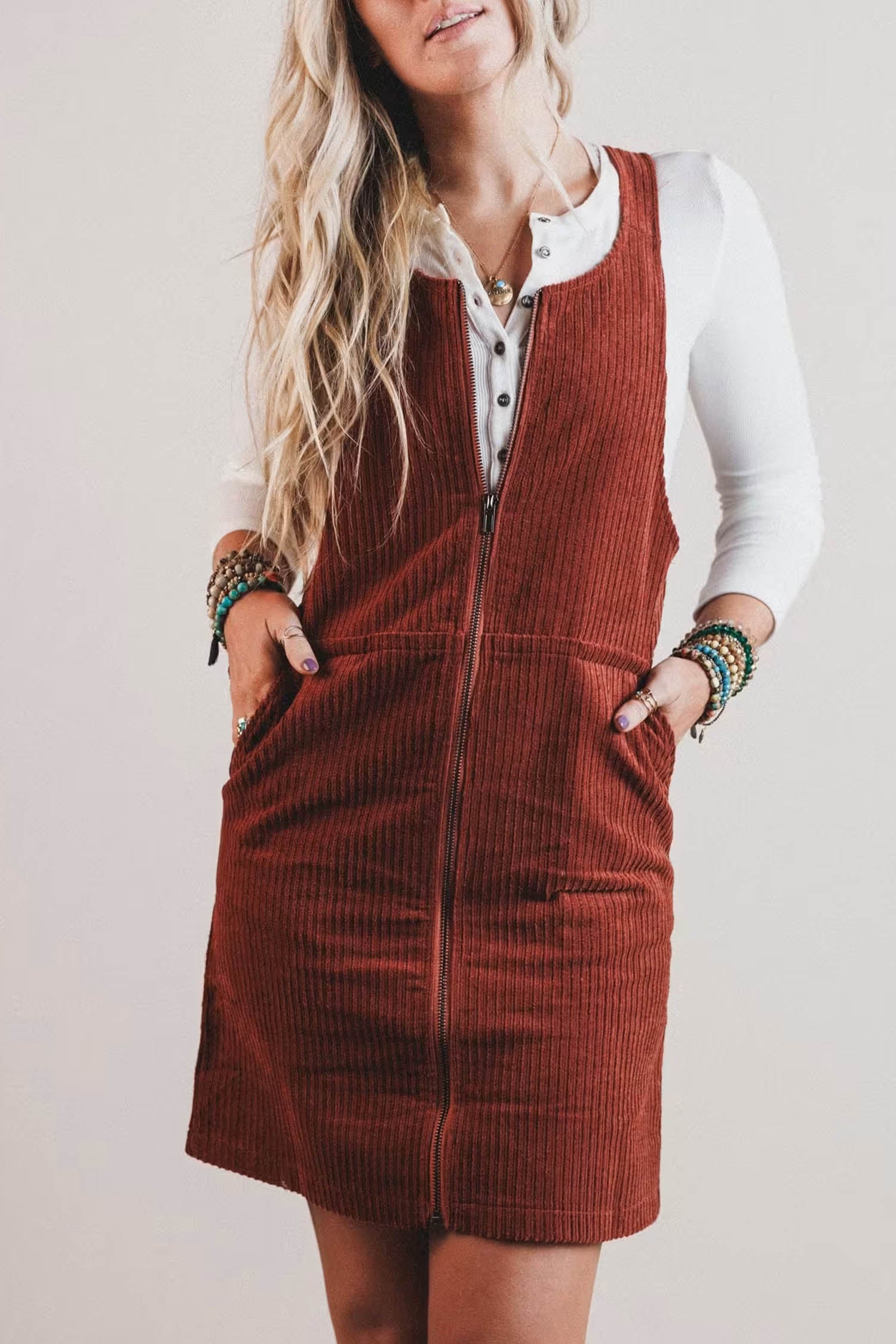 Clay Ribbed Corduroy Zip-Up Sleeveless Pocket Sheath Dress