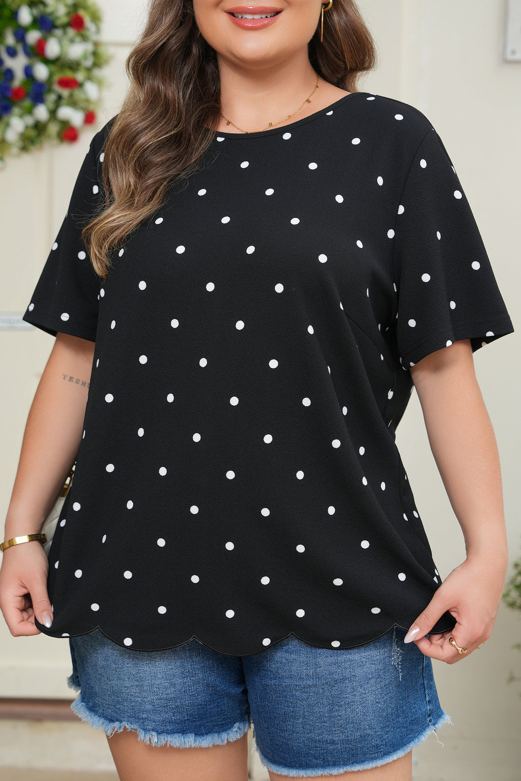 Black Plus Size Dotted Casual T Shirt