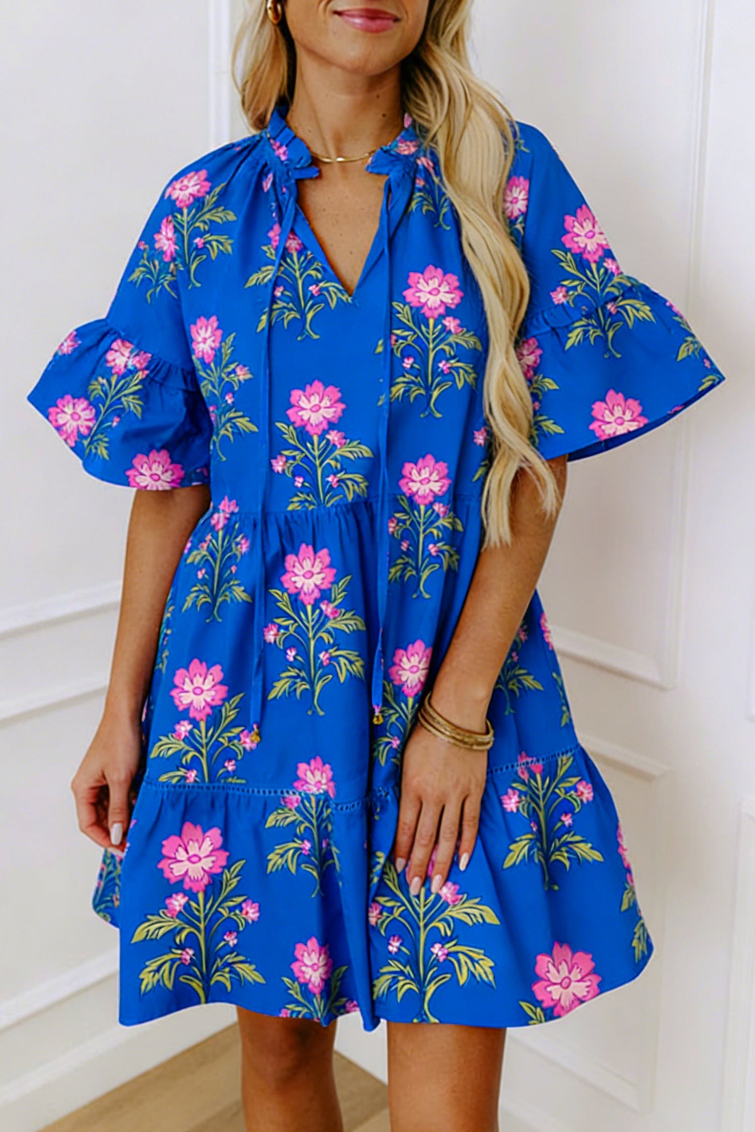 Blue V Neck Short Sleeve Loose Flower Dress