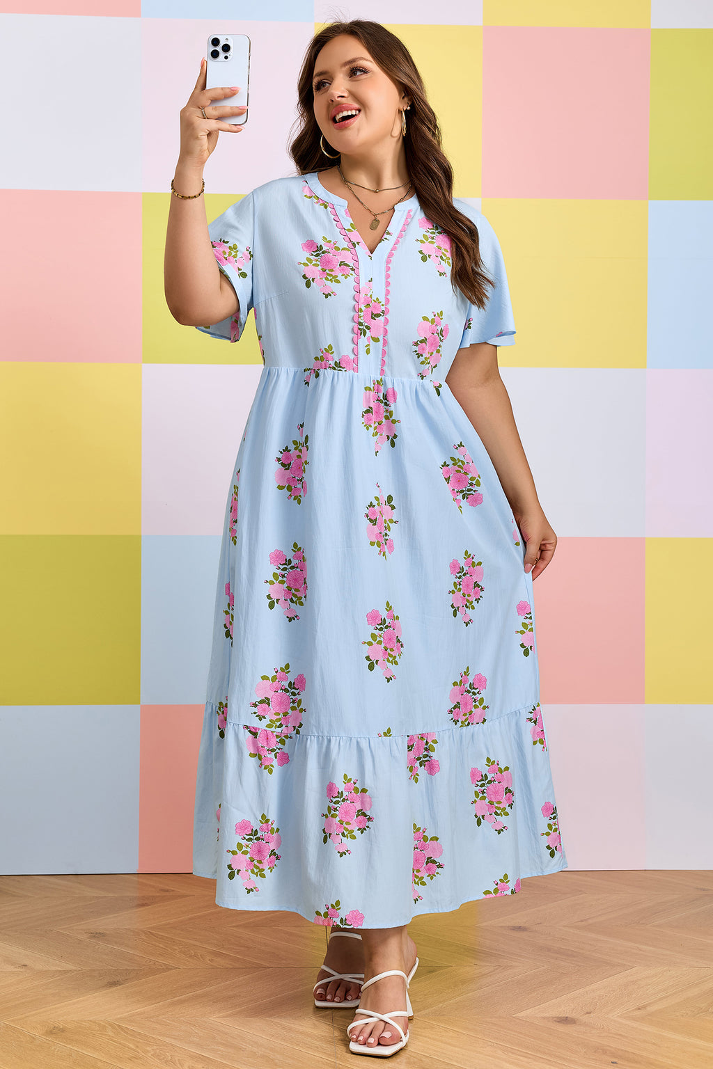 Sky Blue Plus Size Floral Print Scalloped Trim V-Neck Dress
