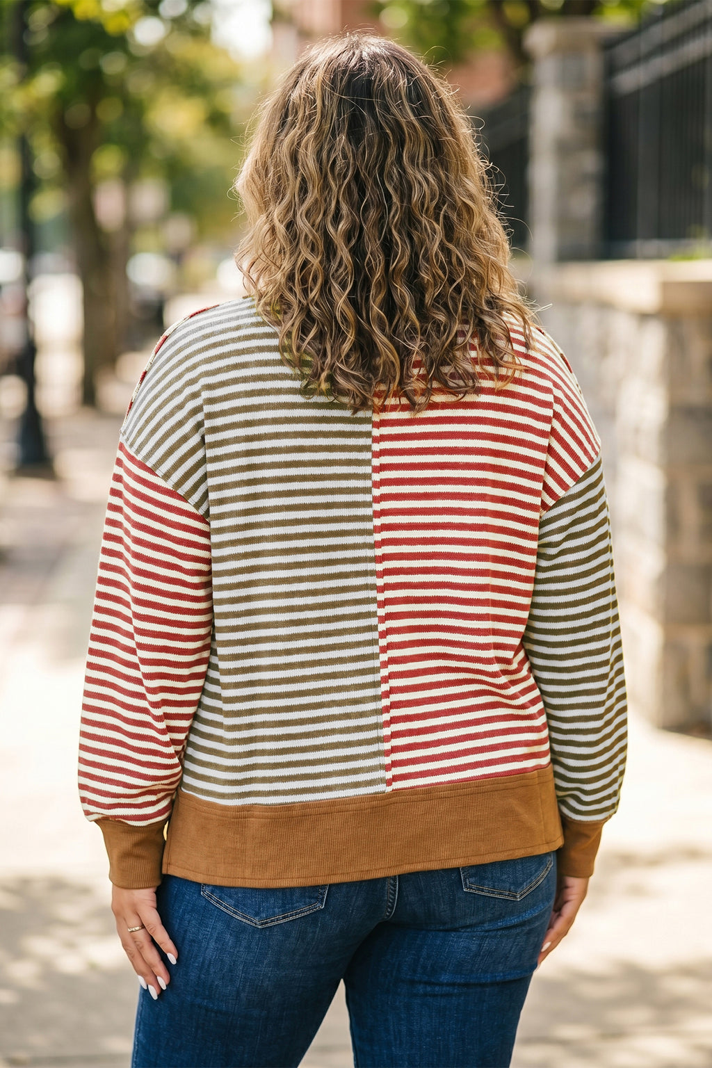 Brown Stripe Striped Colorblock V Neck Oversized Long Sleeve Plus Size Blouse