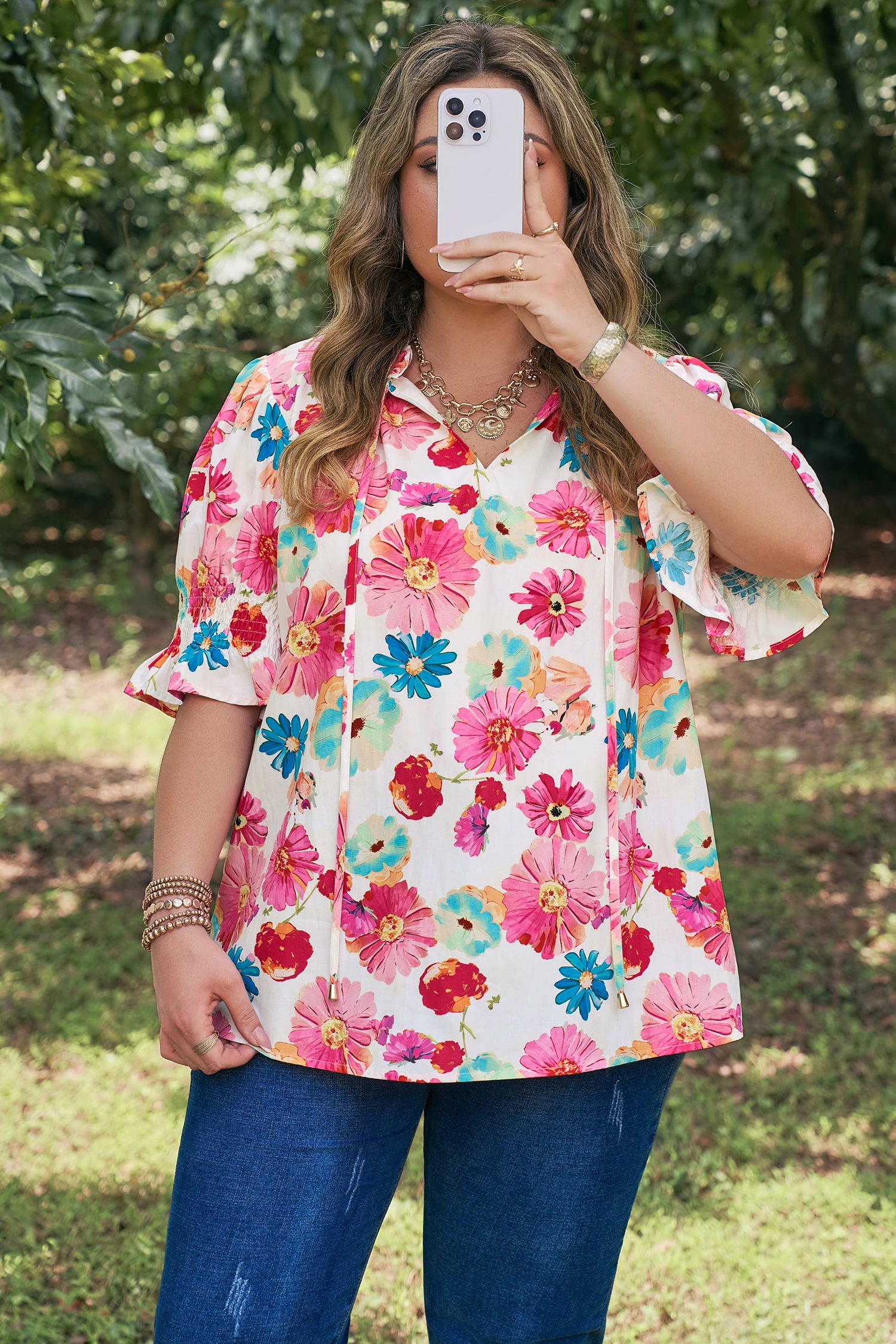 Pink Plus Size Floral Print Ruched Short Sleeve Blouse