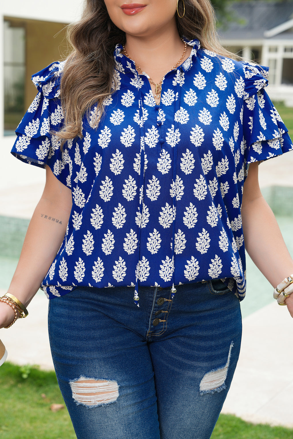 Blue Plus Size Botanical Print Tie V Neck Ruffle Short Sleeve Blouse
