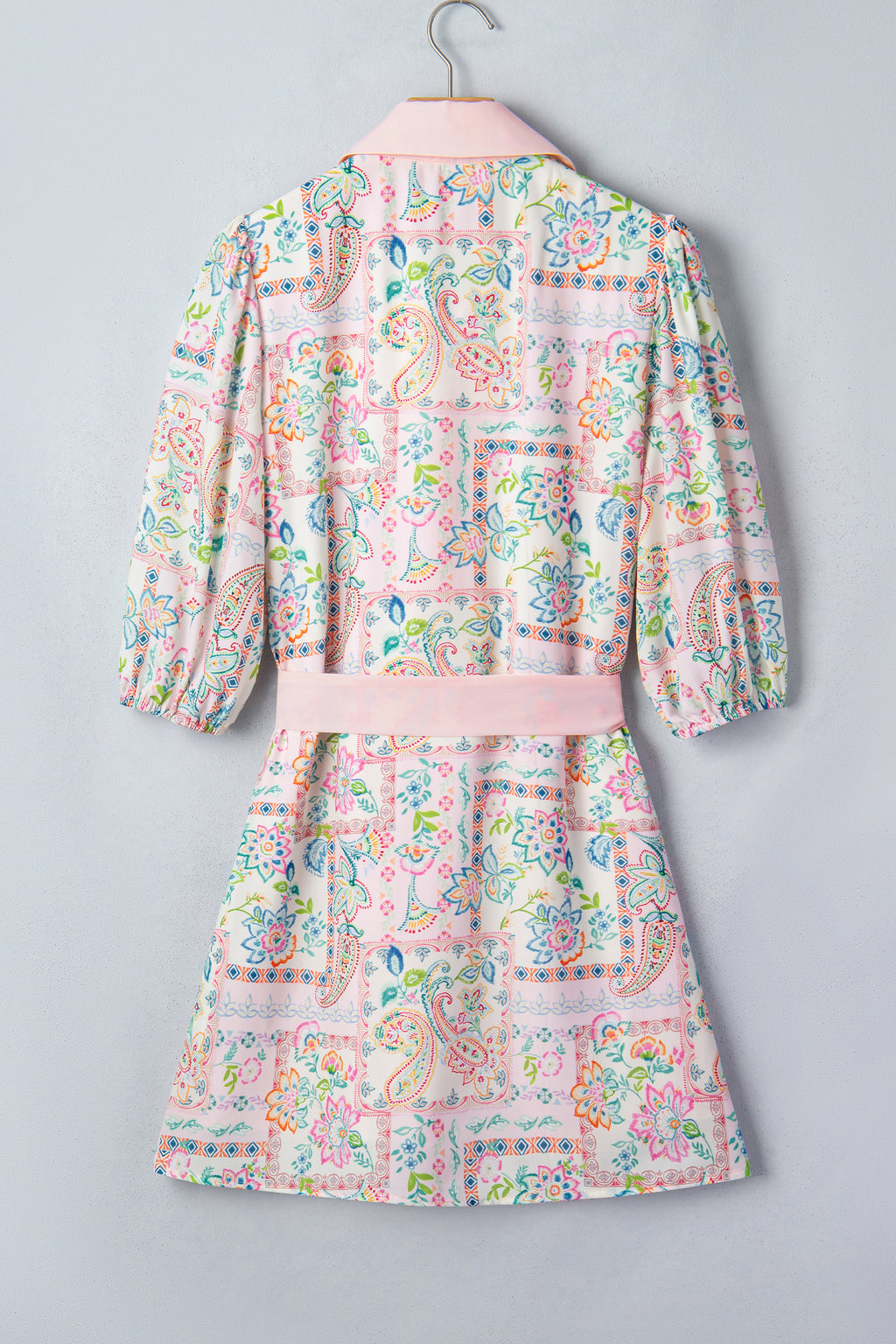 Pink Boho Floral Print Color Block Trim Half Button Belted Mini Dress