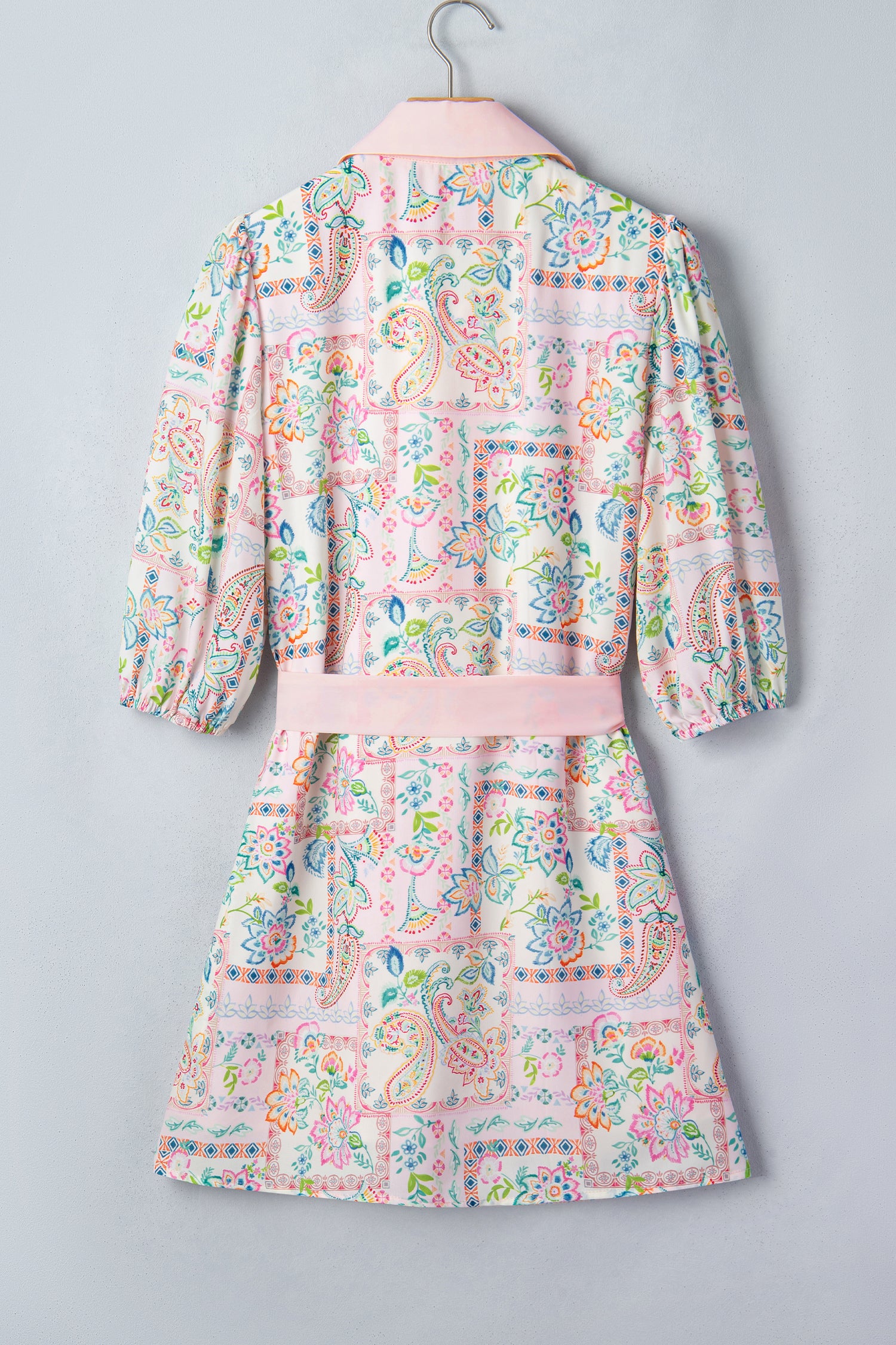 Pink Boho Floral Print Color Block Trim Half Button Belted Mini Dress