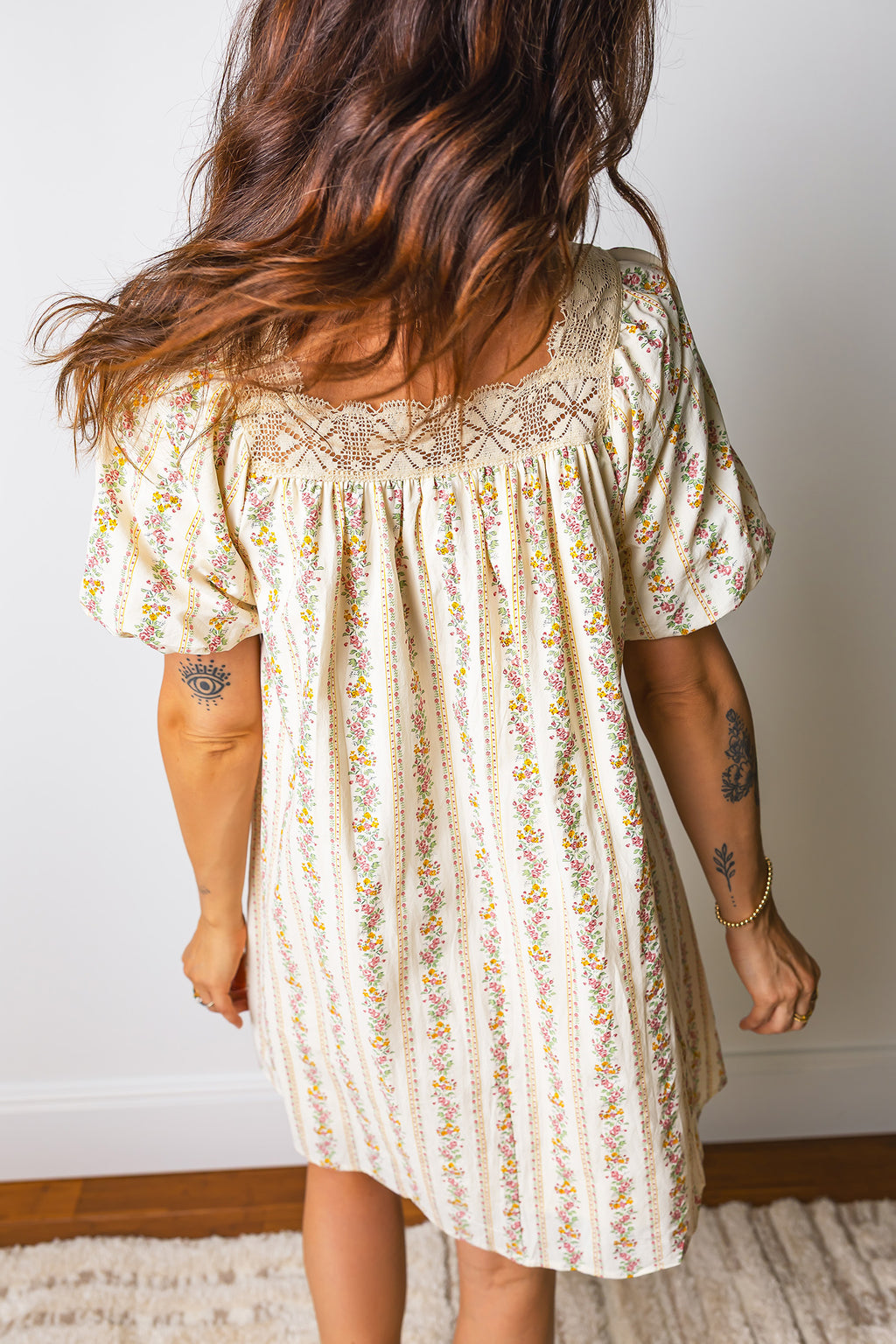Multicolour Floral Print Contrast Ribbon Bow Lace Trim Square Neck Mini Dress