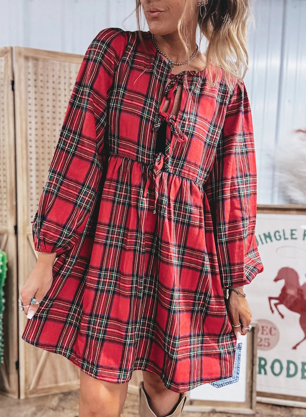 Red Plaid Tie Front Long Sleeve Short Shift Dress