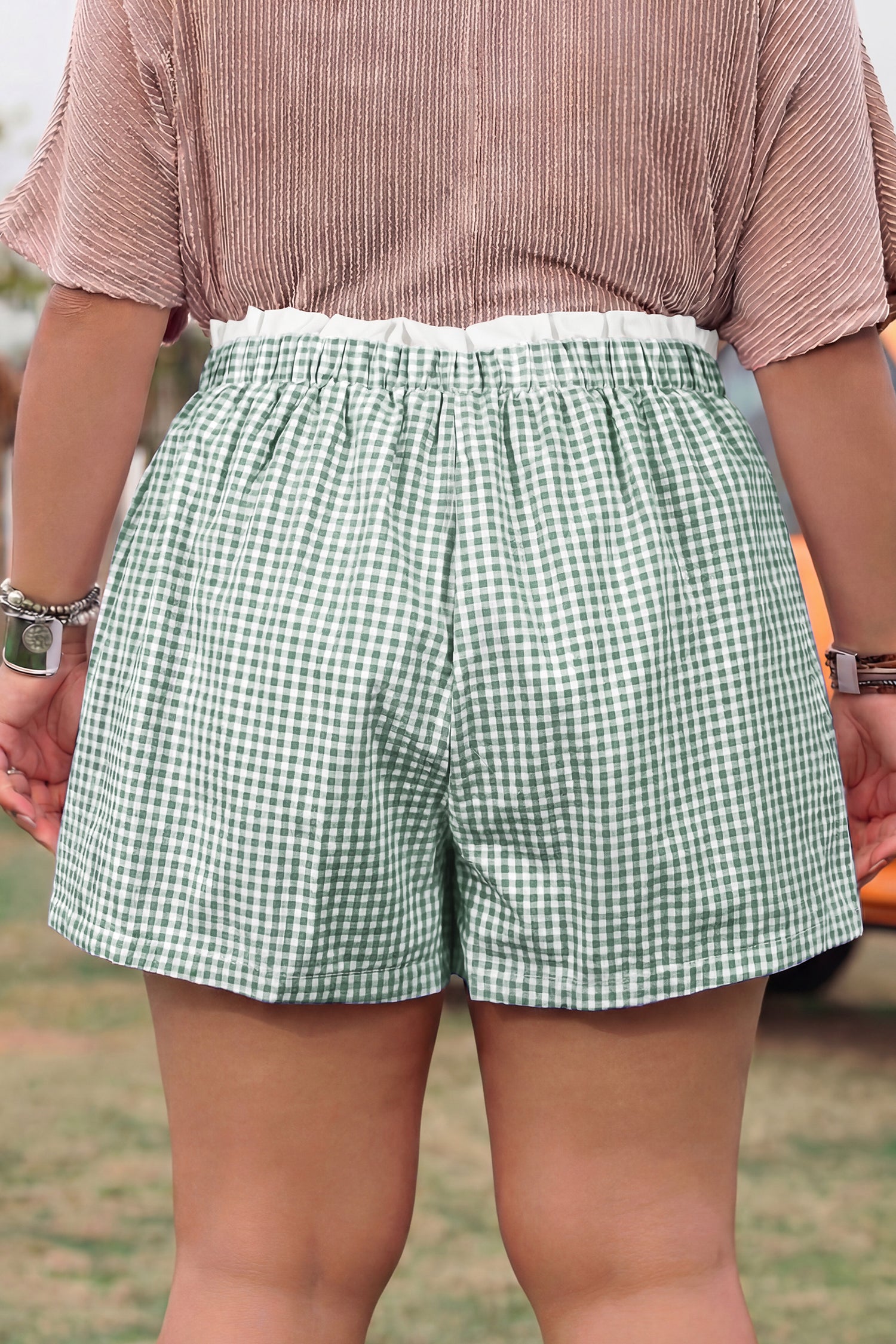 Pink Contrast Trim Plaid Print Plus Size Shorts