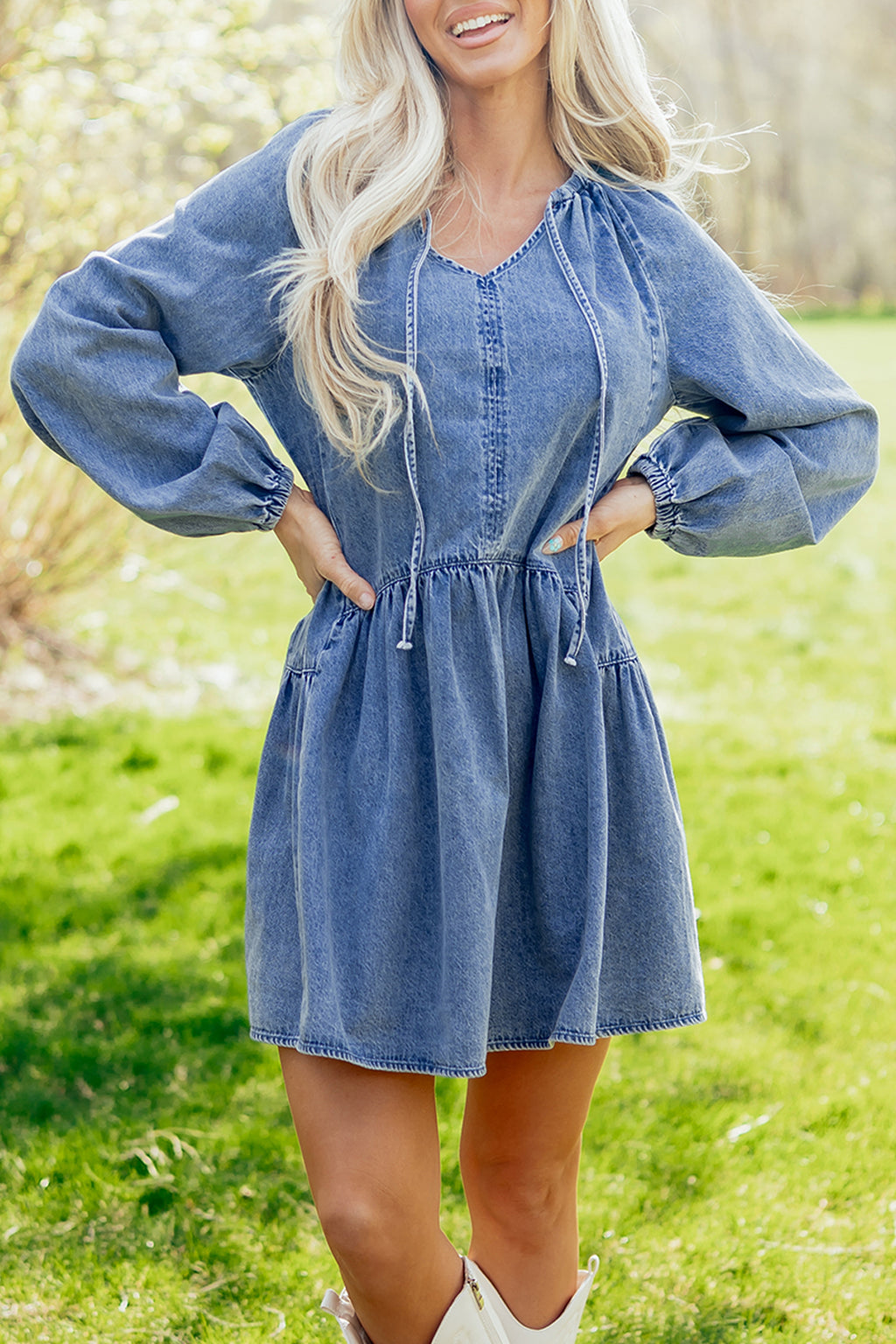 Myosotis Puff Sleeve V Neck Ruffled Loose Denim Mini Dress