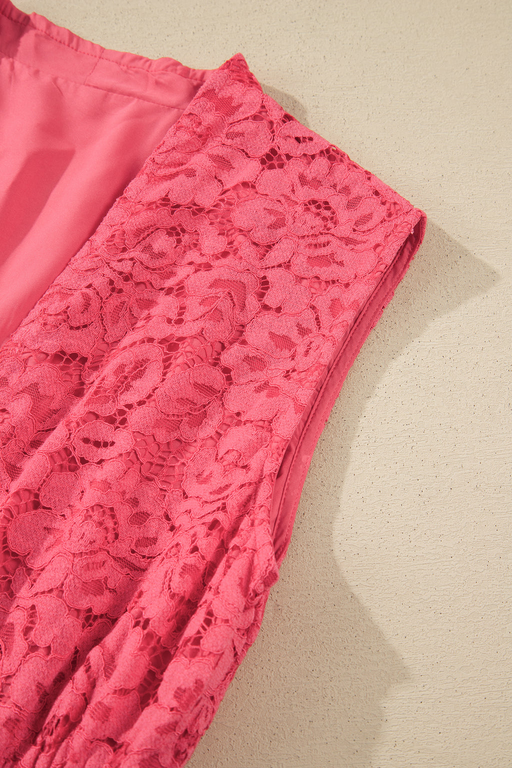 Coral Floral Lace Overlay Zip Up V Neck Smocked Waist Sleeveless Dress