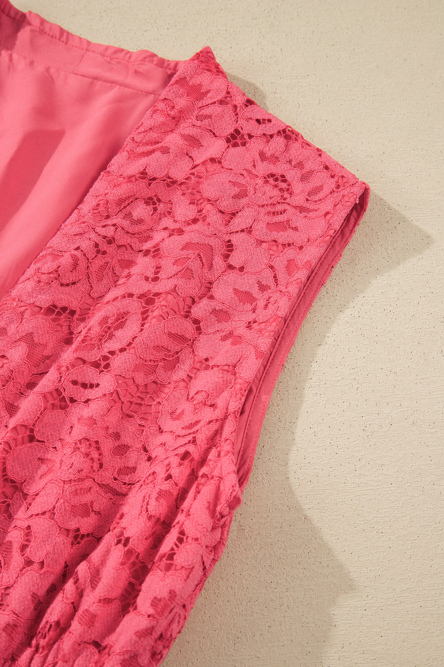 Coral Floral Lace Overlay Zip Up V Neck Smocked Waist Sleeveless Dress