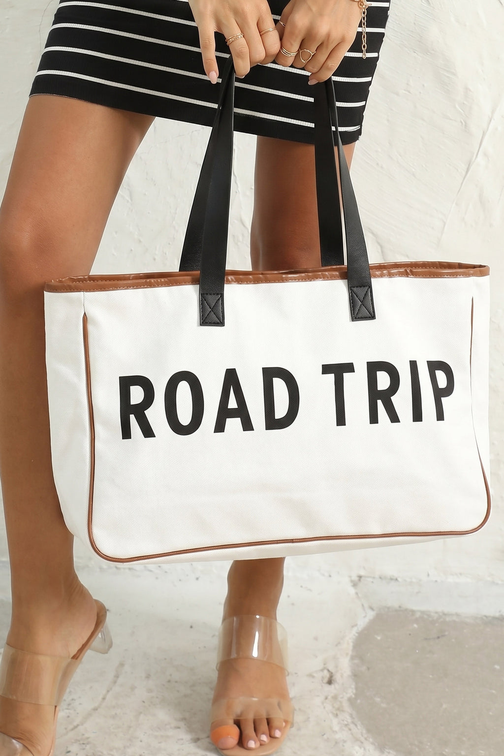 White Canvas Road Trip Tote Bag 50x15x30cm Summer Travel Carryall