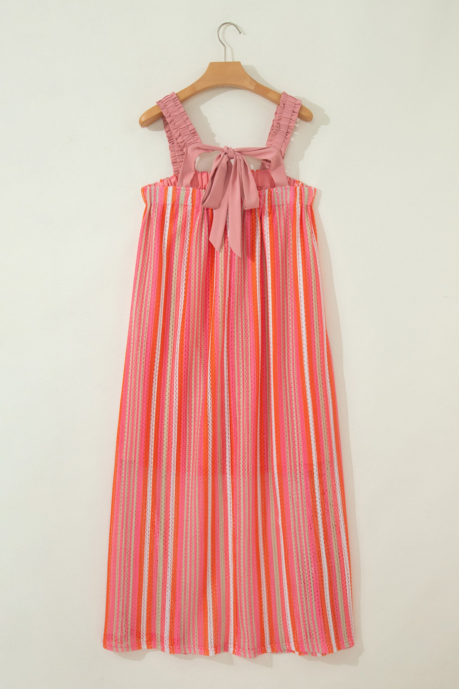 Pink Stripe Ruffled Straps Ribbon Knot Flowy Vacation Maxi Dress