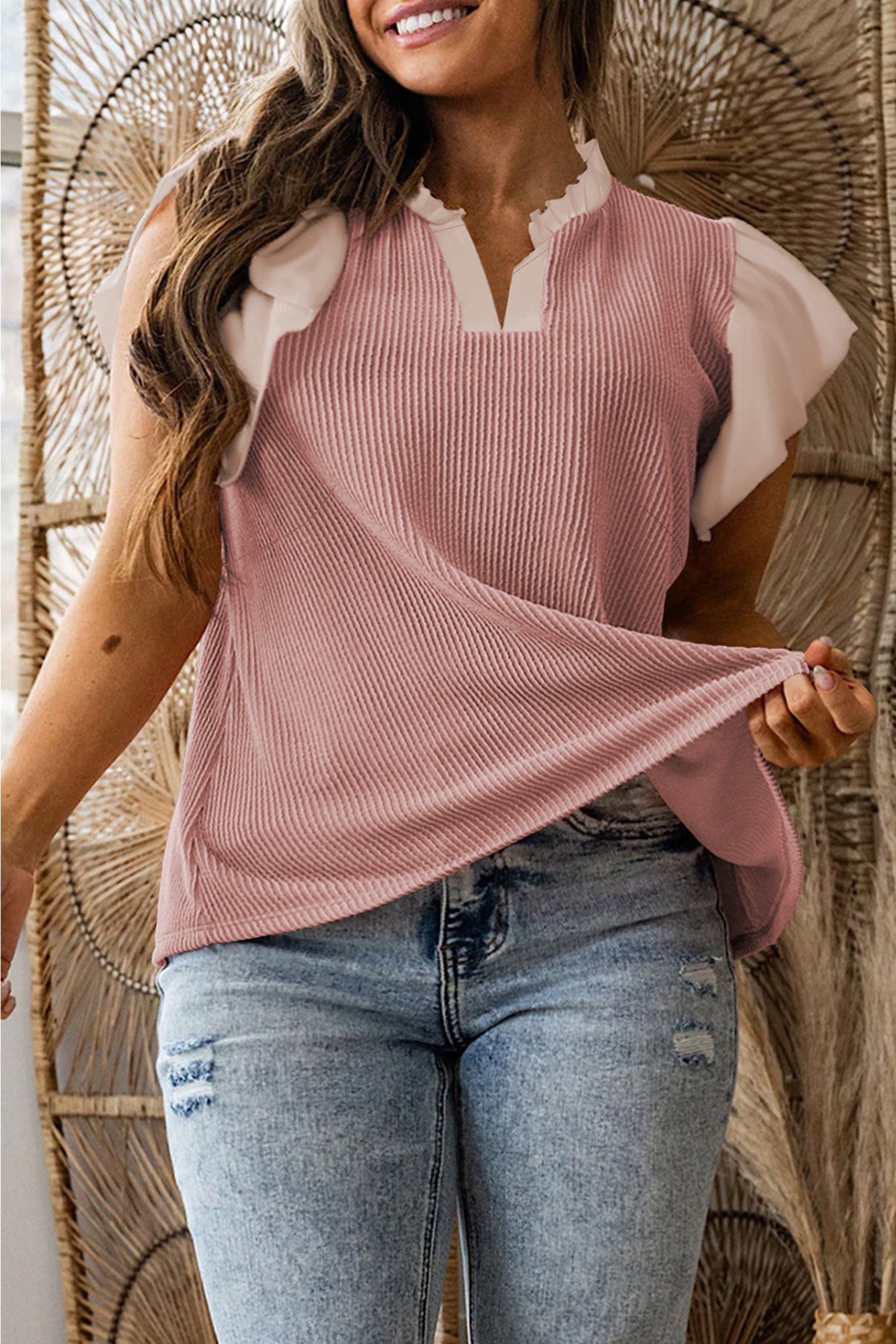 Fushia Plus Size Contrast Frilled Neckline Ruffled Short Sleeve Ribbed Textured Blouse