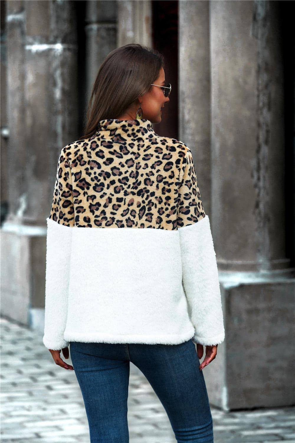 Leopard Color Block Teddy-genser med halv glidelåskrage
