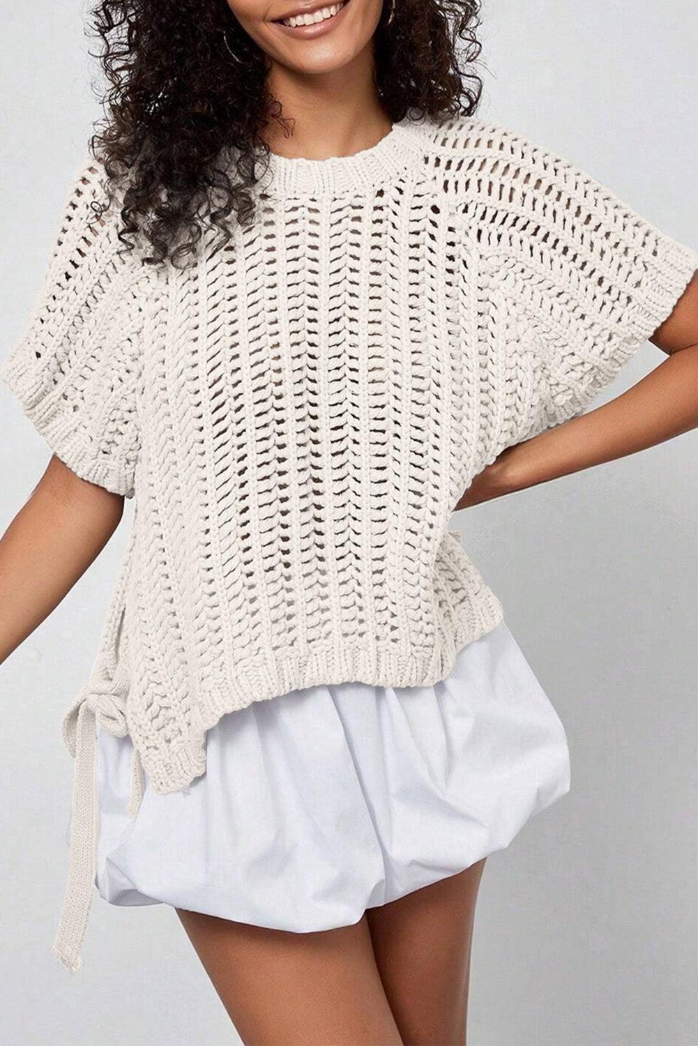 Pink Plus Size Open Knit Bow Tie Short Sleeve Sweater