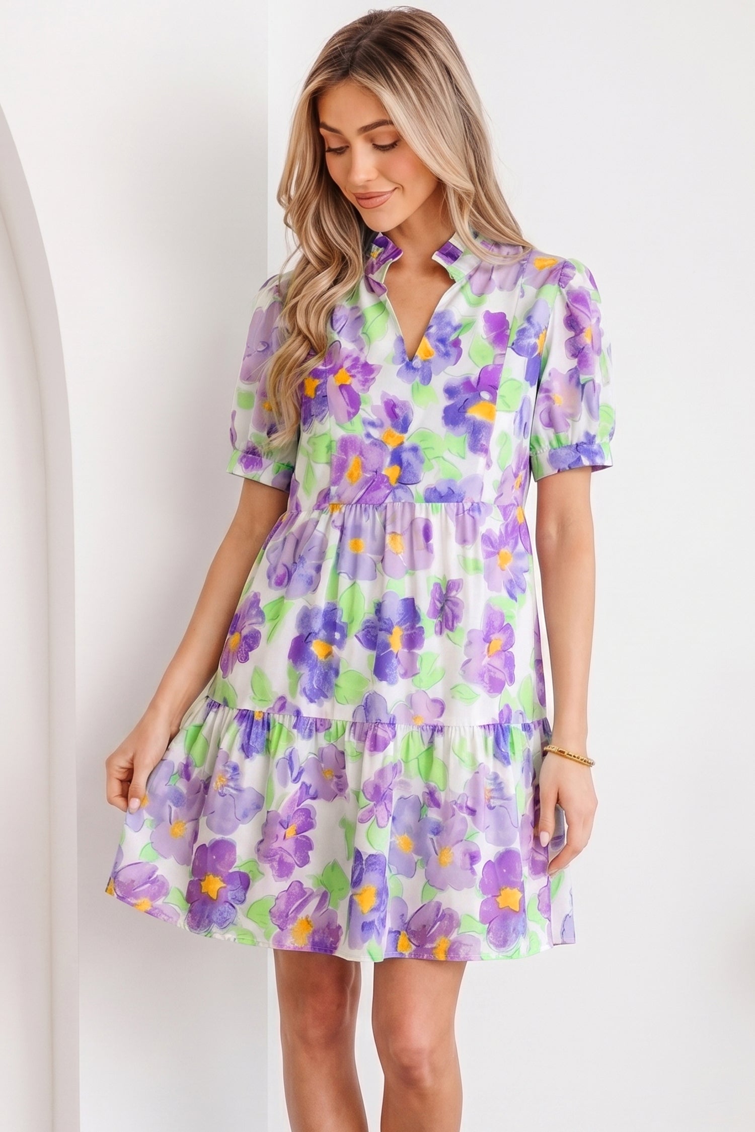 Purple Floral V Collar Short Sleeve Tiered Ruffle Mini Dress