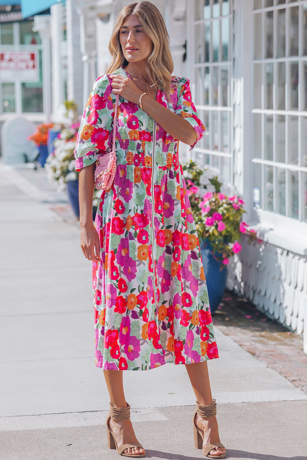 Rose Vibrant Floral Print V Neck Zip Up Puffy Half Sleeve Dress